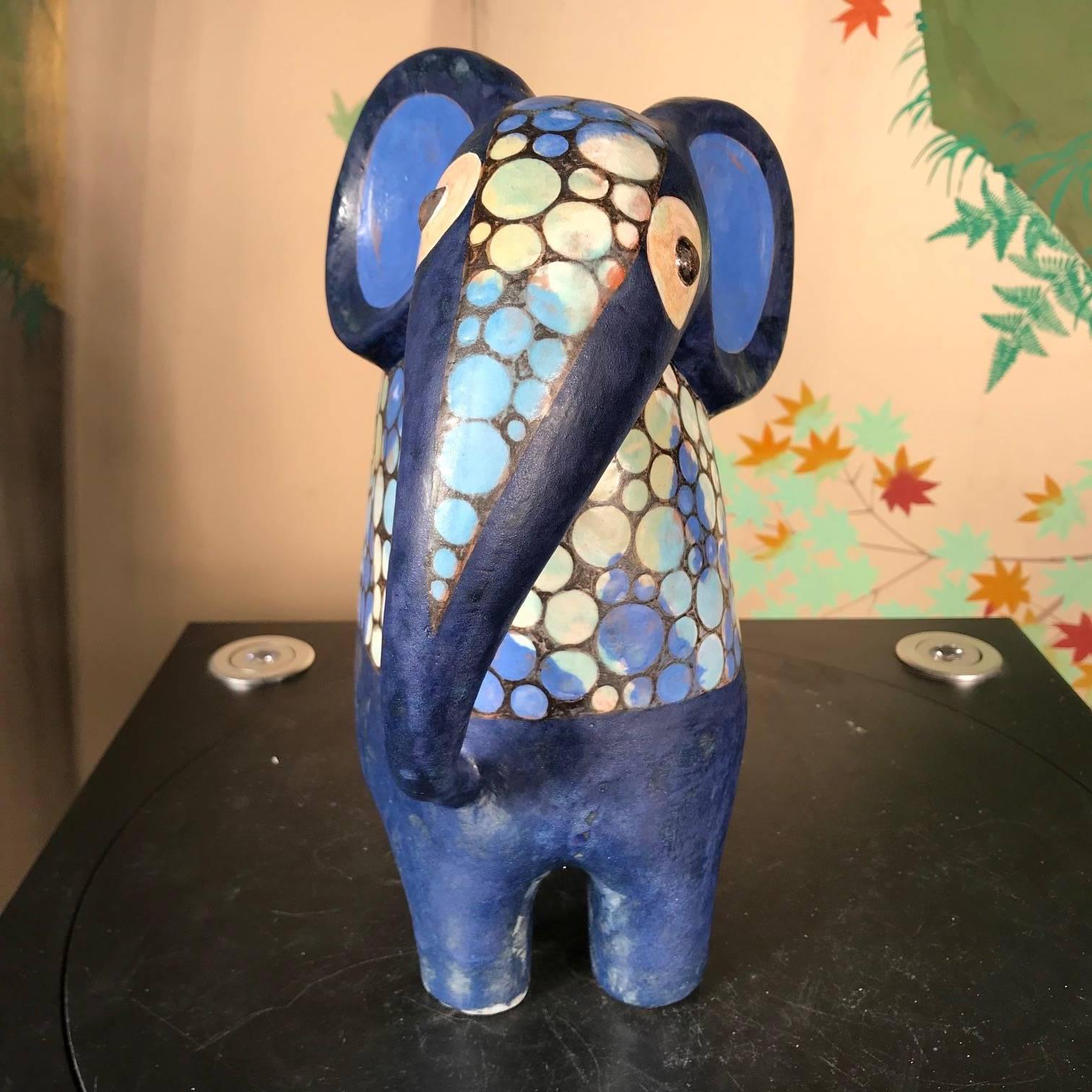 German Stunning Handmade Hand-Painted Blue Spotted Elephant, Master Eva Fritz-Lindner