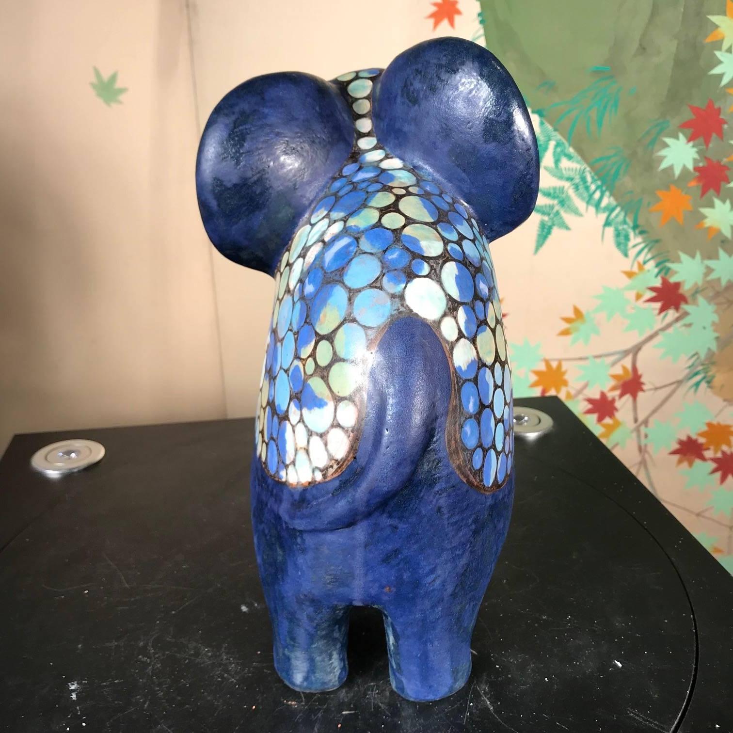 Glazed Stunning Handmade Hand-Painted Blue Spotted Elephant, Master Eva Fritz-Lindner