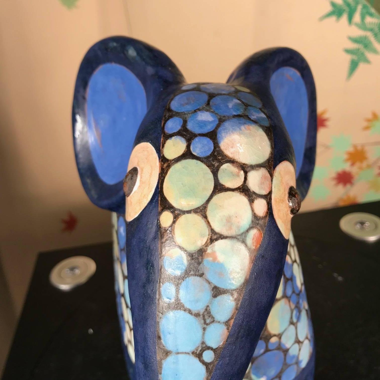 Stunning Handmade Hand-Painted Blue Spotted Elephant, Master Eva Fritz-Lindner In Good Condition In South Burlington, VT