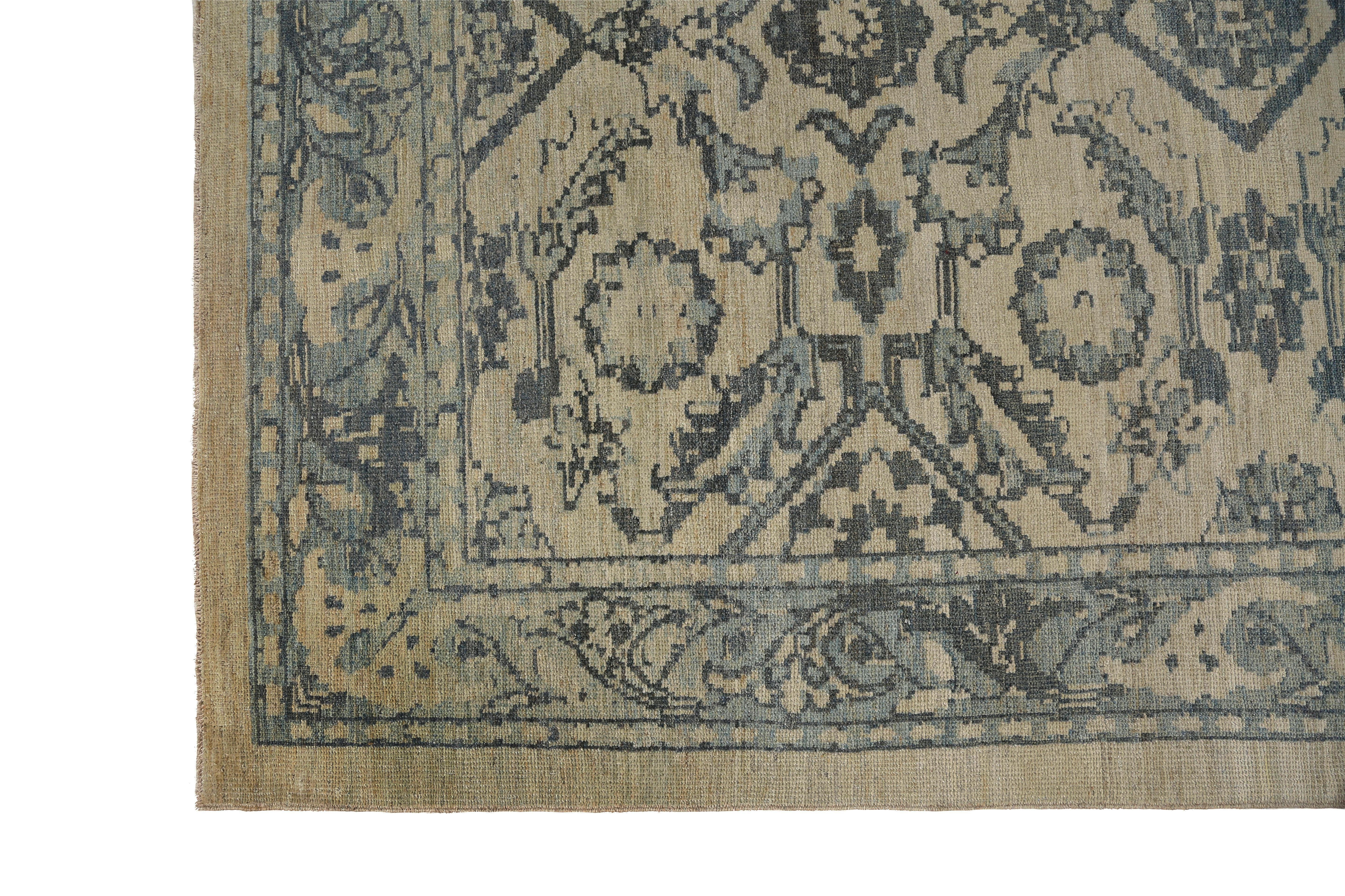 Introducing our handmade Turkish Oushak rug in the size of 6'1'' by 8'9''. This exquisite rug features a stunning grey background with intricate blue tones in the design. Each rug is carefully crafted by skilled artisans using traditional techniques