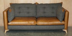 STUNNING HARRIS TWEED MADE IN ENGLAND BROWN LEATHER SOFA PART OF LARGE SUiTE