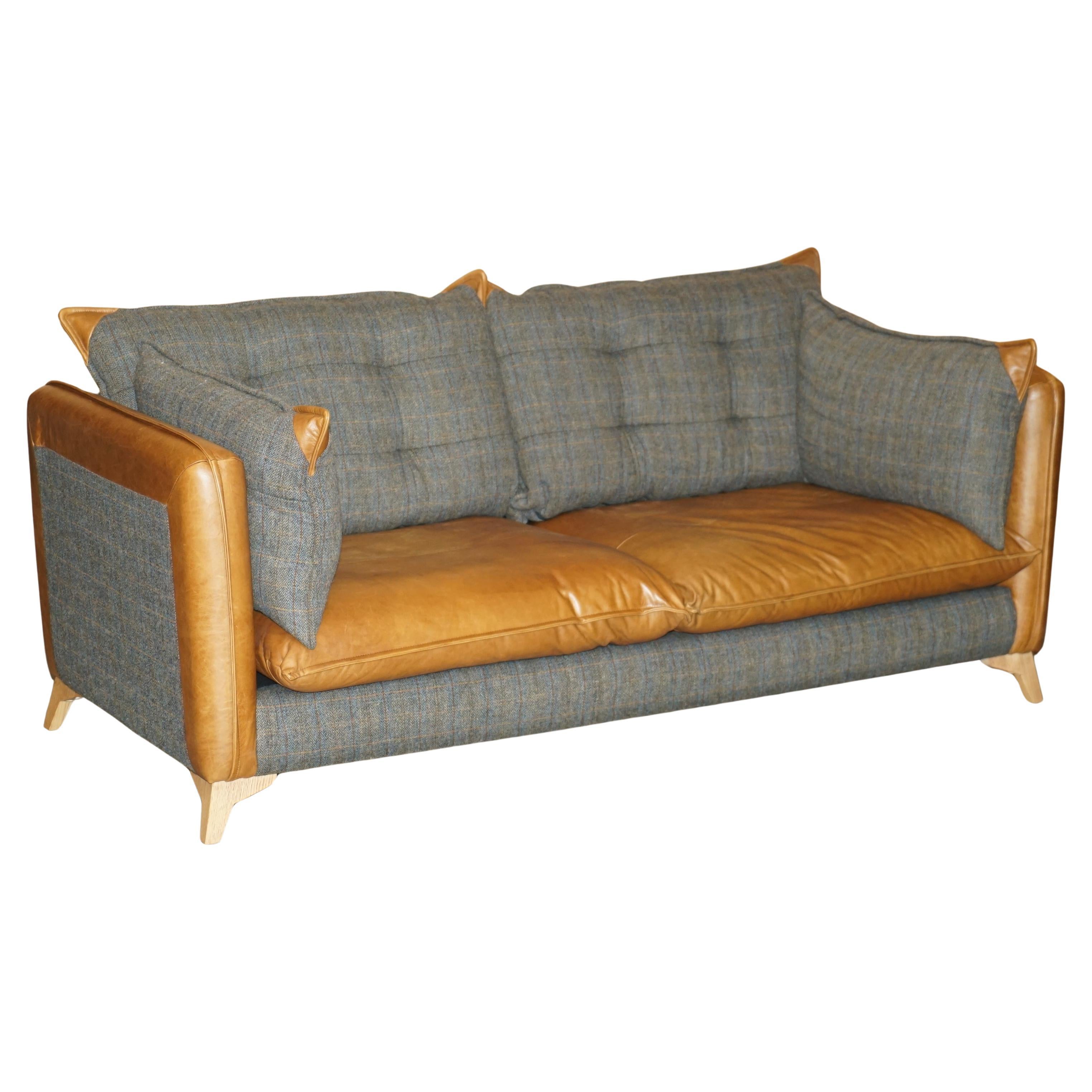 STUNNING HARRIS TWEED MADE IN ENGLAND BROWN LEATHER SOFA PART OF LARGE SUiTE