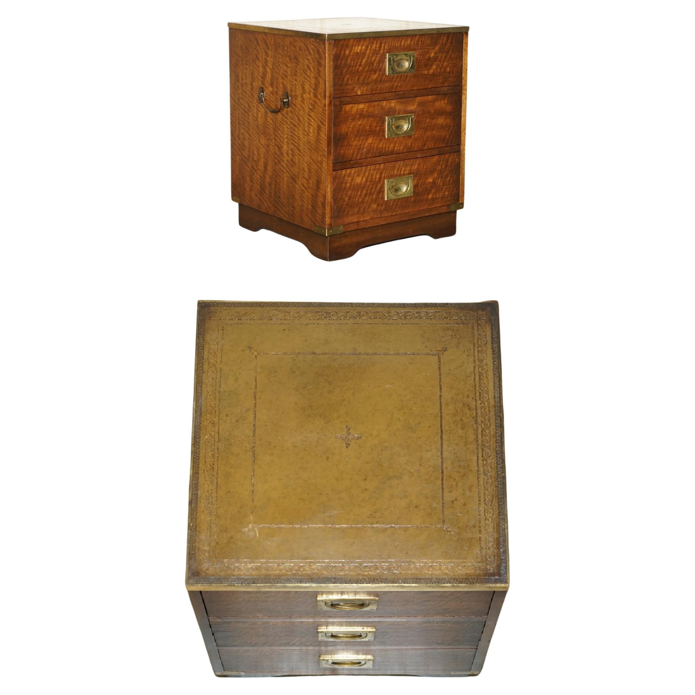Stunning Harrods Kennedy Military Campaign Side End Table Drawers Green Leather For Sale