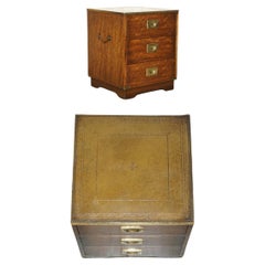 Stunning Harrods Kennedy Military Campaign Side End Table Drawers Green Leather