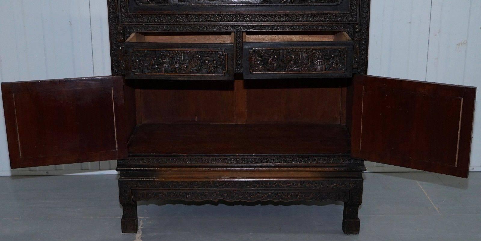 Stunning Heavily Carved Antique Chinese Cabinet Cupboard with Drop Front Desk 4