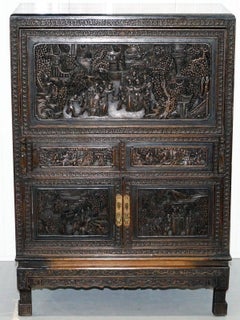 Stunning Heavily Carved Antique Chinese Cabinet Cupboard with Drop Front Desk