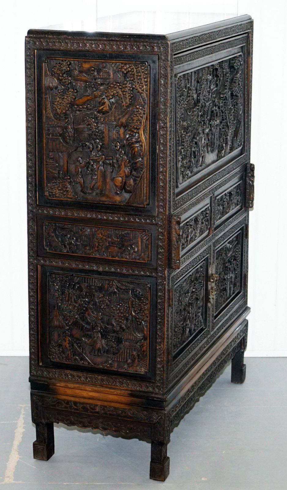 Hardwood Stunning Heavily Carved Antique Chinese Cabinet Cupboard with Drop Front Desk