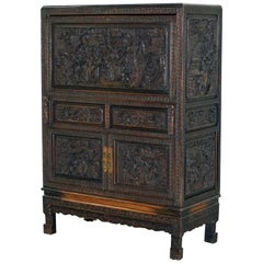 Stunning Heavily Carved Antique Chinese Cabinet Cupboard with Drop Front Desk