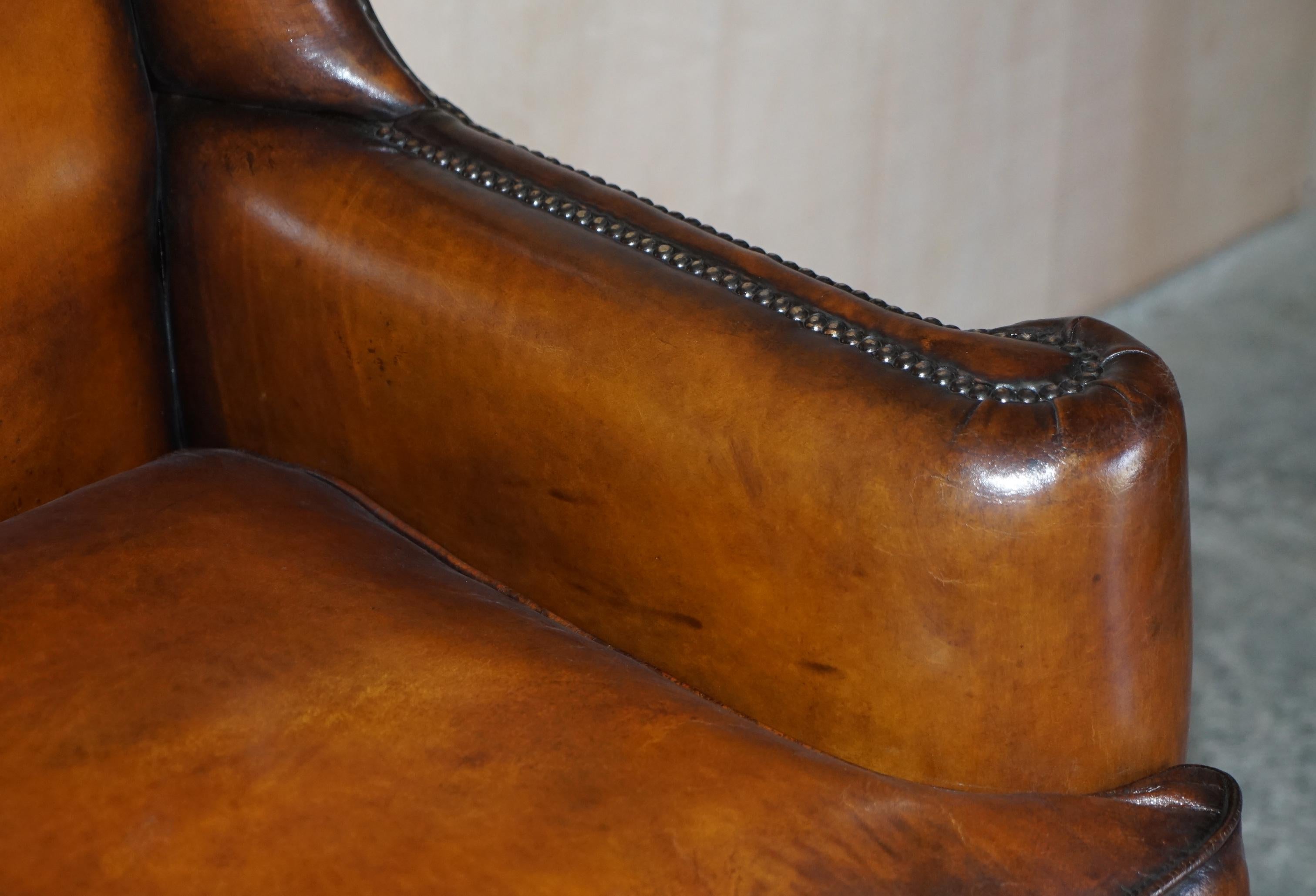 Stunning Heavily Carved Base Frame Hand Dyed Brown Leather Wingback Armchair 3