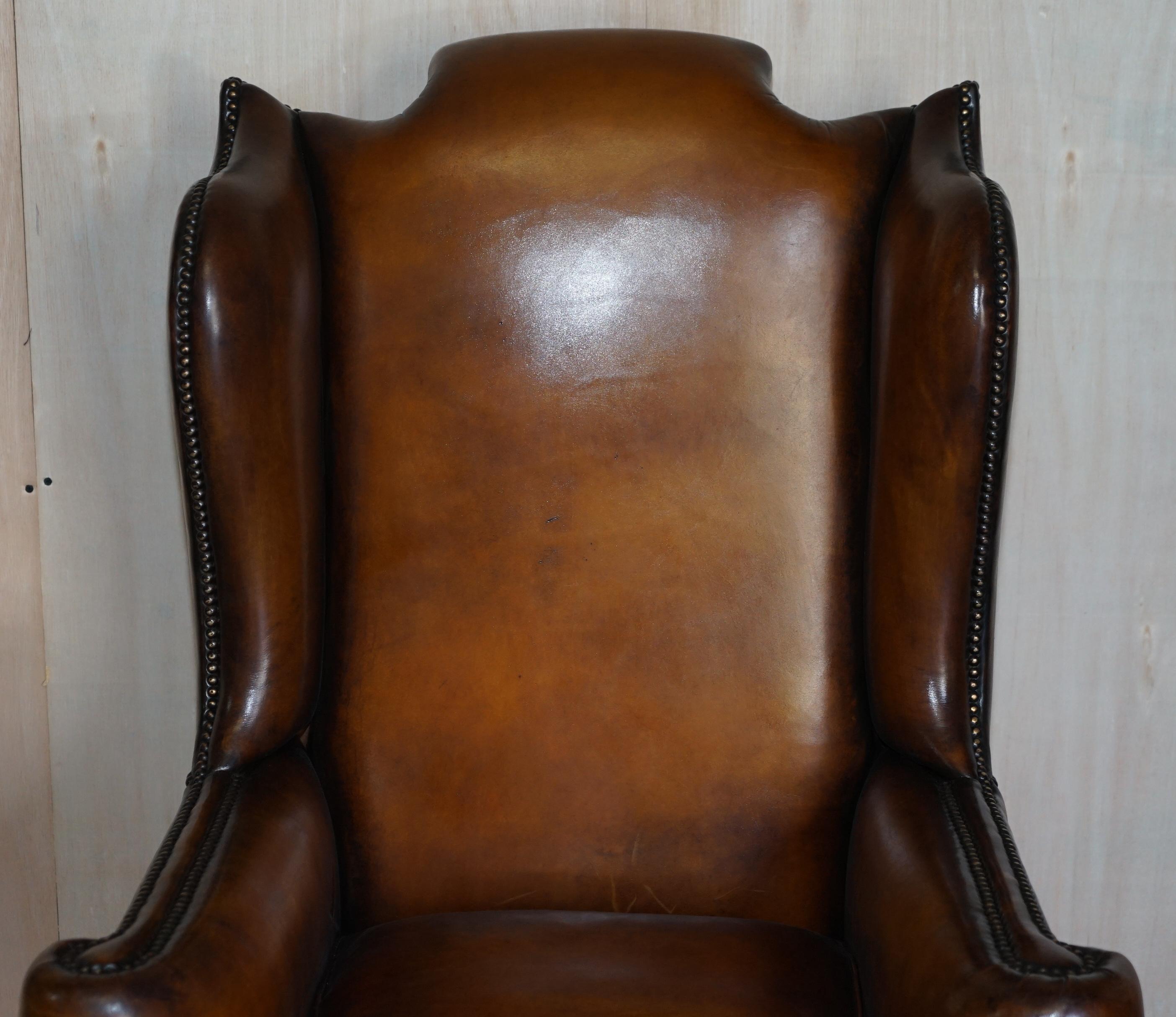 Stunning Heavily Carved Base Frame Hand Dyed Brown Leather Wingback Armchair 4