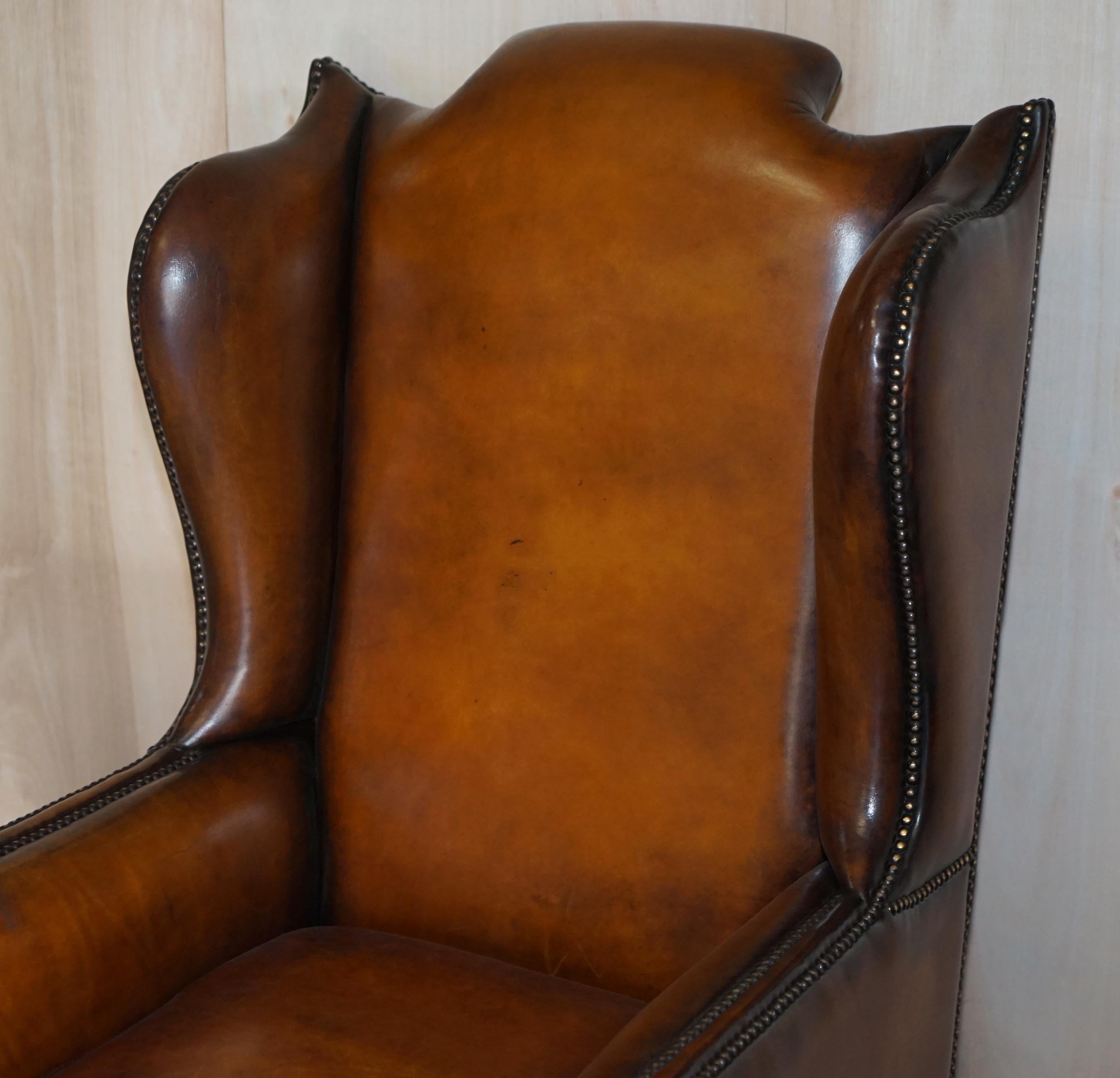 Stunning Heavily Carved Base Frame Hand Dyed Brown Leather Wingback Armchair 5