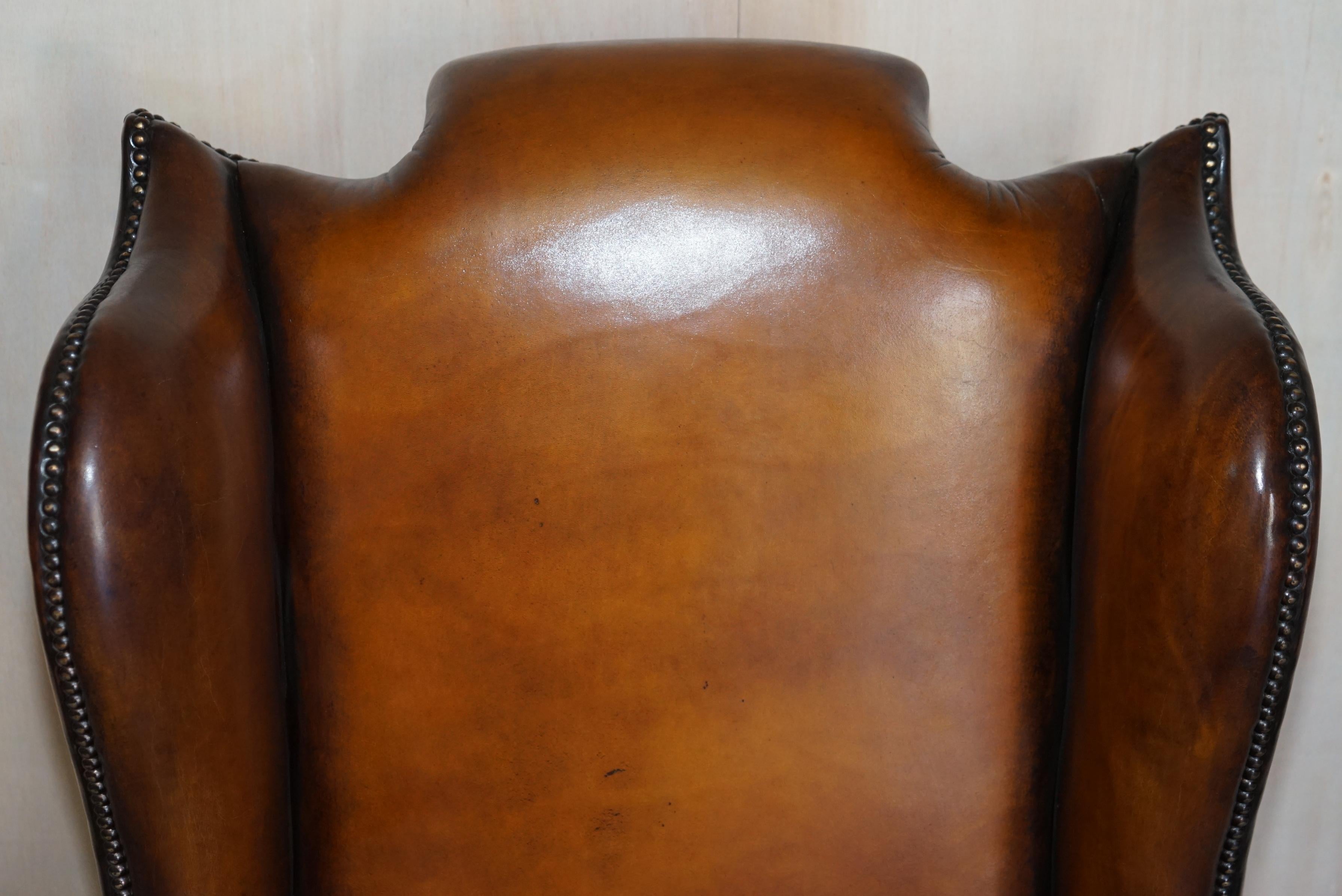 Stunning Heavily Carved Base Frame Hand Dyed Brown Leather Wingback Armchair 6