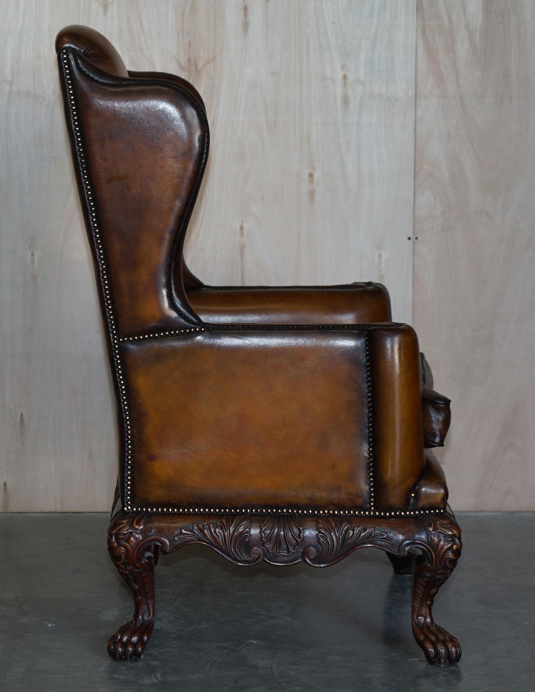 Stunning Heavily Carved Base Frame Hand Dyed Brown Leather Wingback Armchair 7