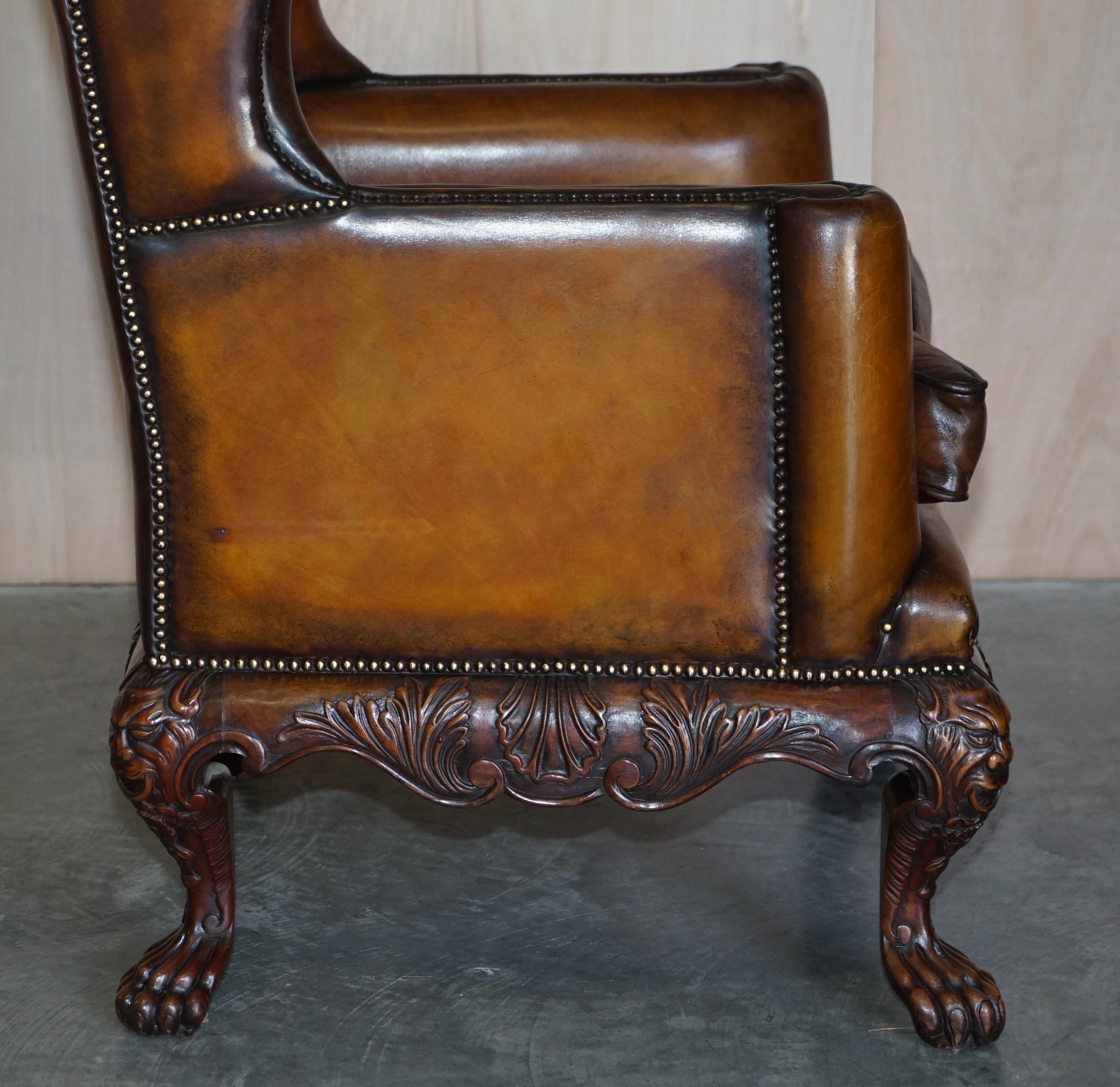 Stunning Heavily Carved Base Frame Hand Dyed Brown Leather Wingback Armchair 8