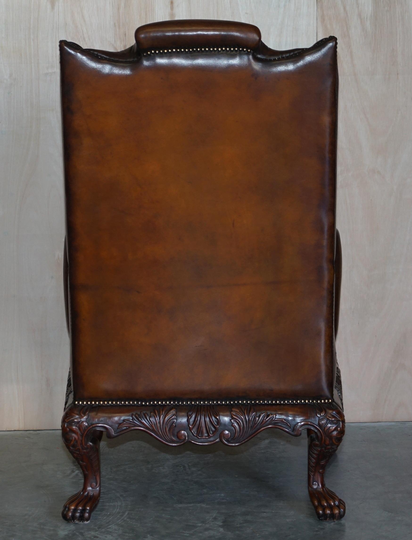 Stunning Heavily Carved Base Frame Hand Dyed Brown Leather Wingback Armchair 9