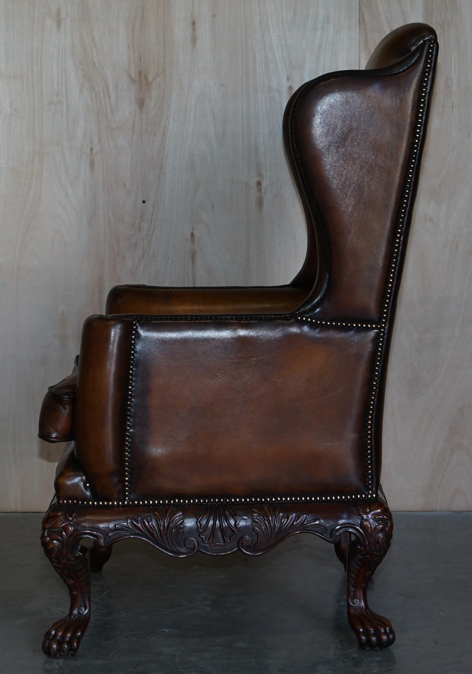 Stunning Heavily Carved Base Frame Hand Dyed Brown Leather Wingback Armchair 11