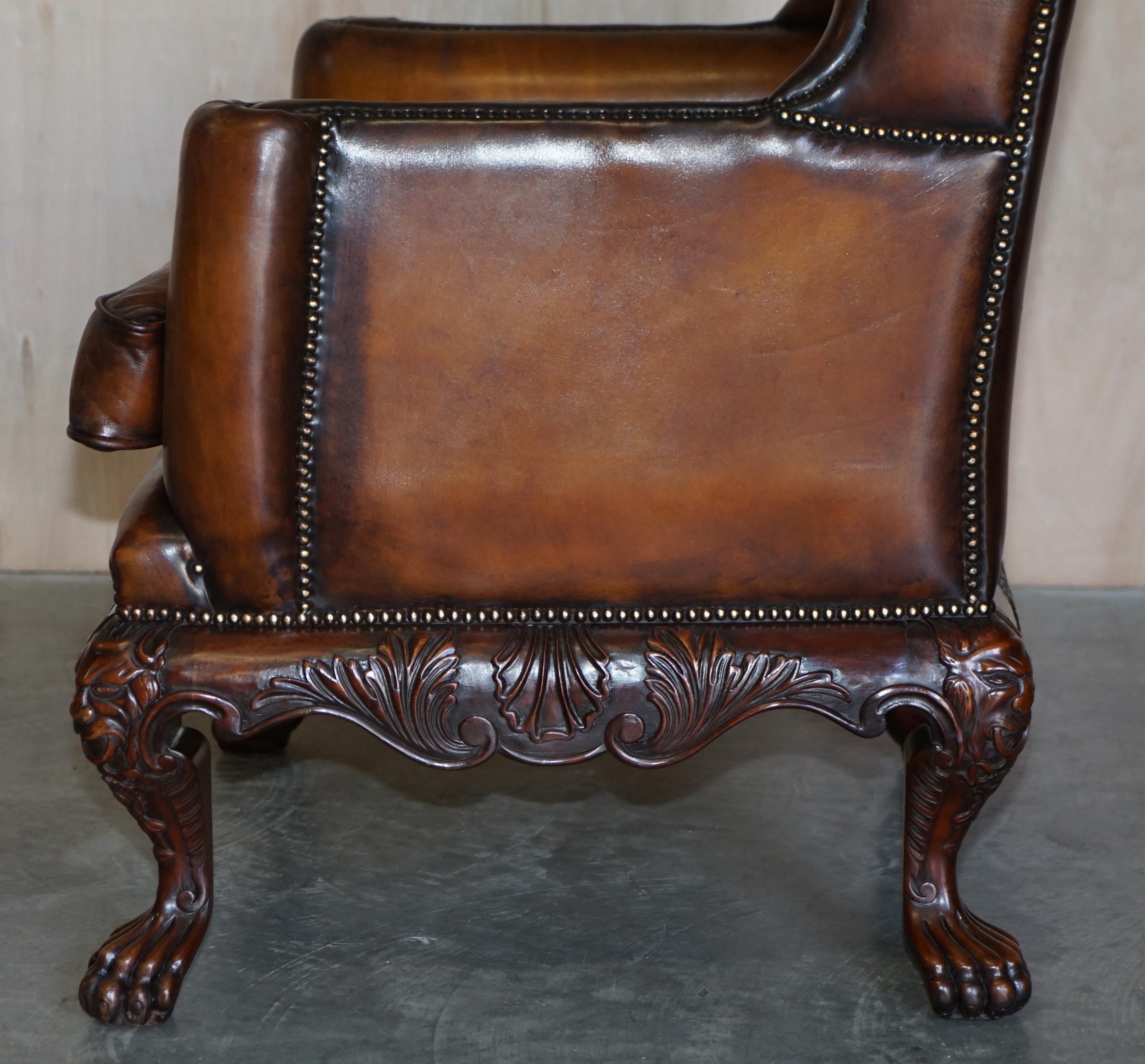 Stunning Heavily Carved Base Frame Hand Dyed Brown Leather Wingback Armchair 12