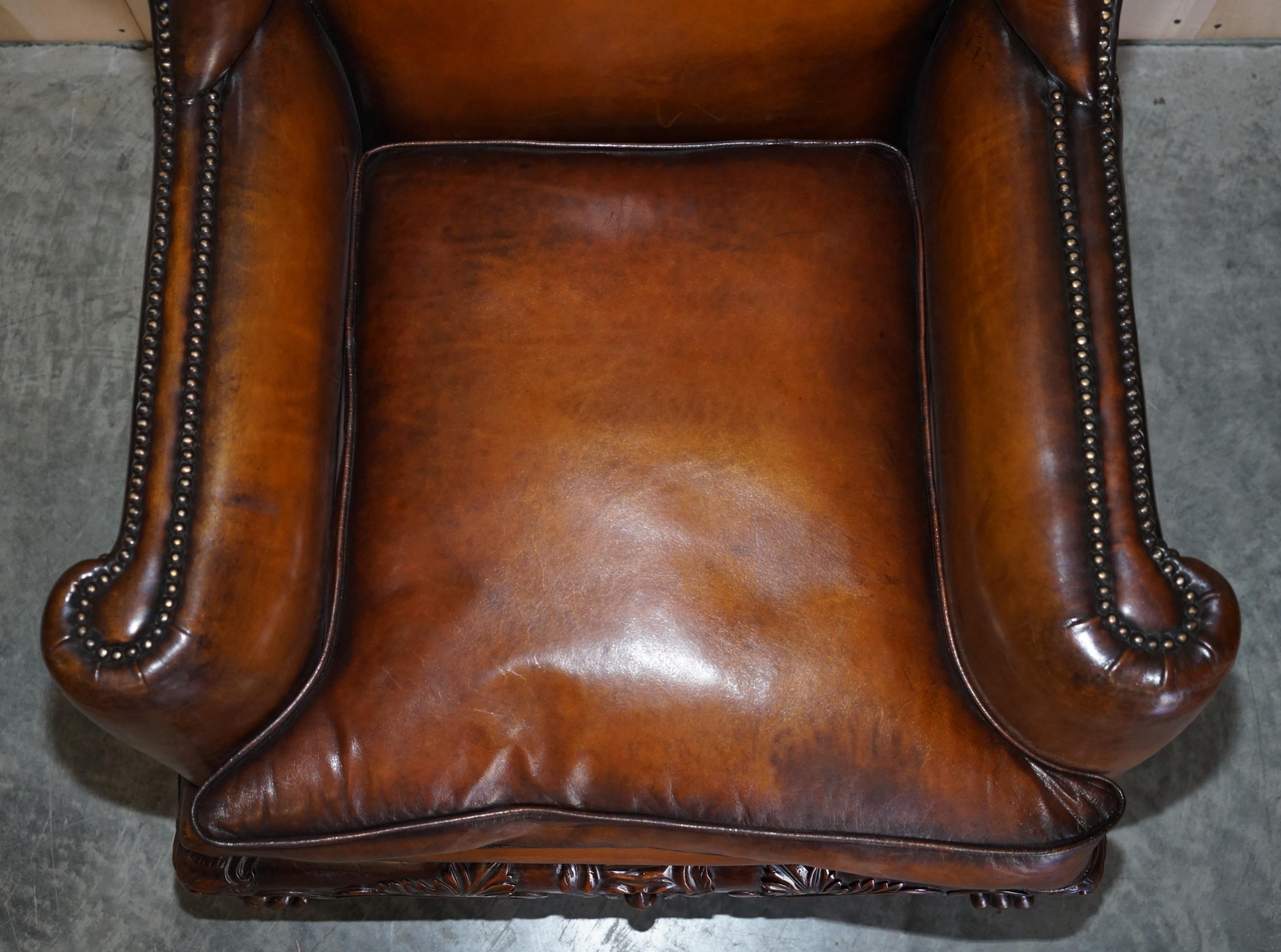 Stunning Heavily Carved Base Frame Hand Dyed Brown Leather Wingback Armchair 2