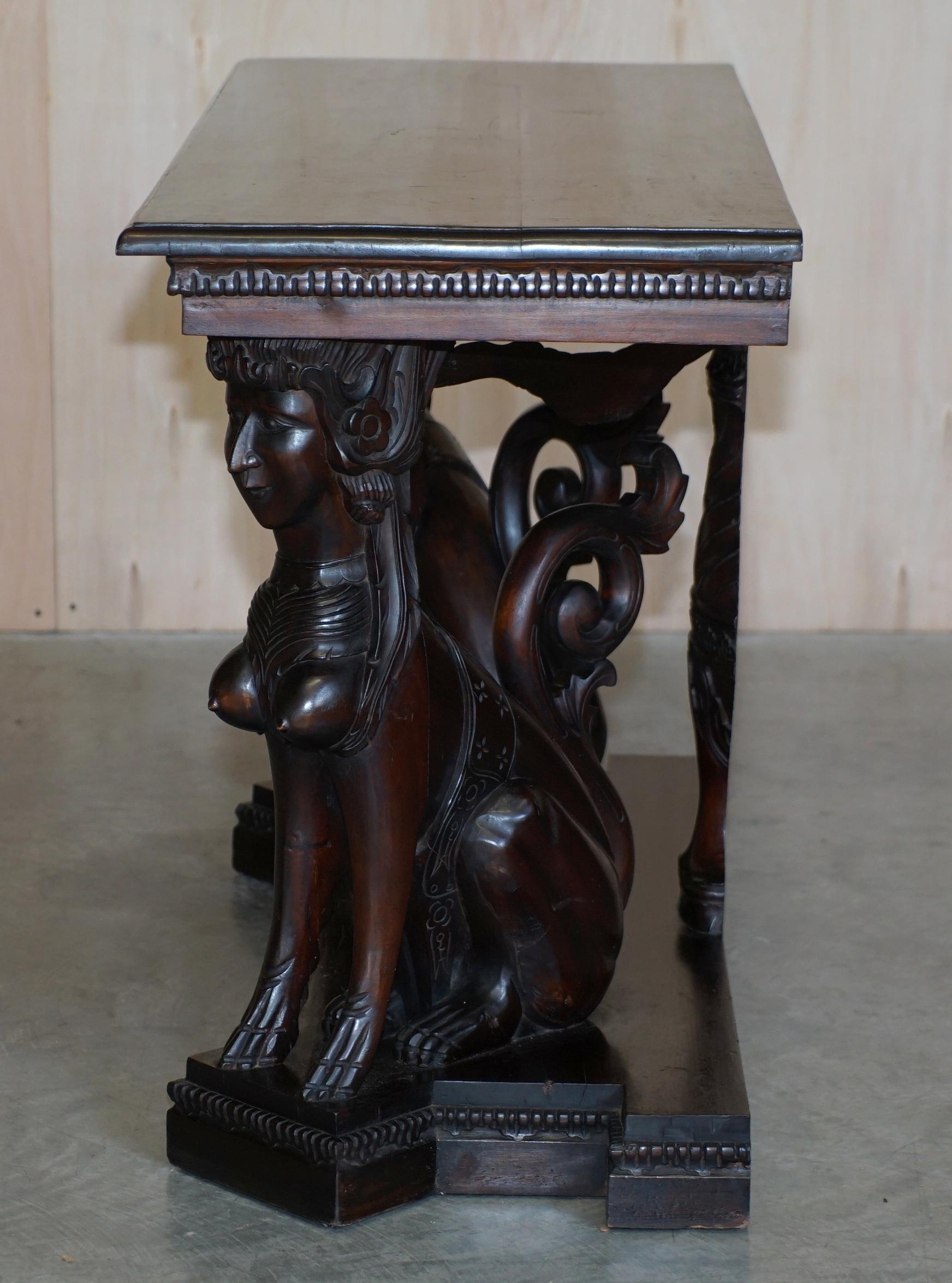 Stunning Heavily Carved Egyptian Revival Console Table with Twin Sphinx Pillars For Sale 13