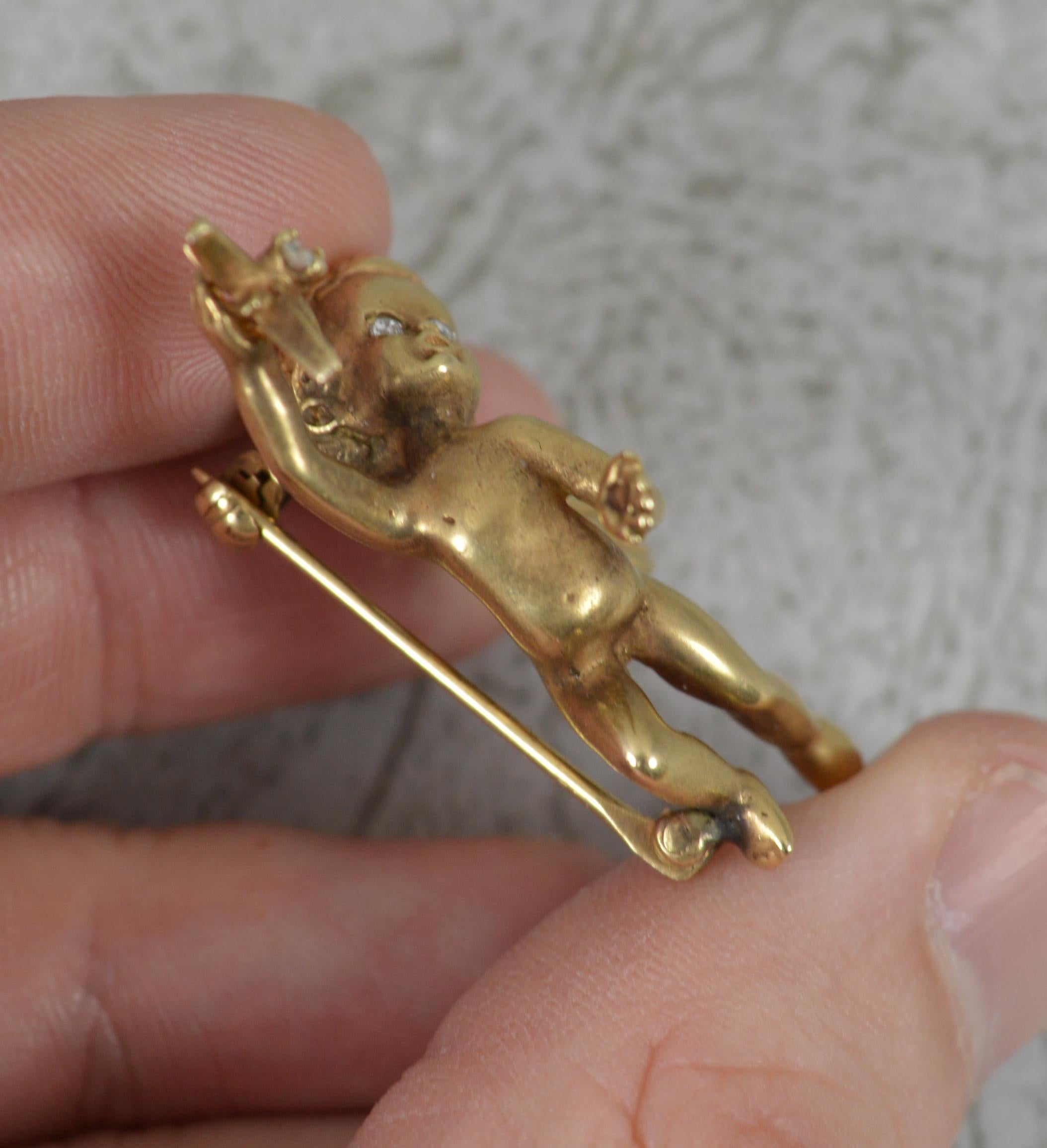 Stunning Heavy and Solid 14 Carat Gold and Diamond Cherub Brooch 13.6g In Good Condition For Sale In St Helens, GB