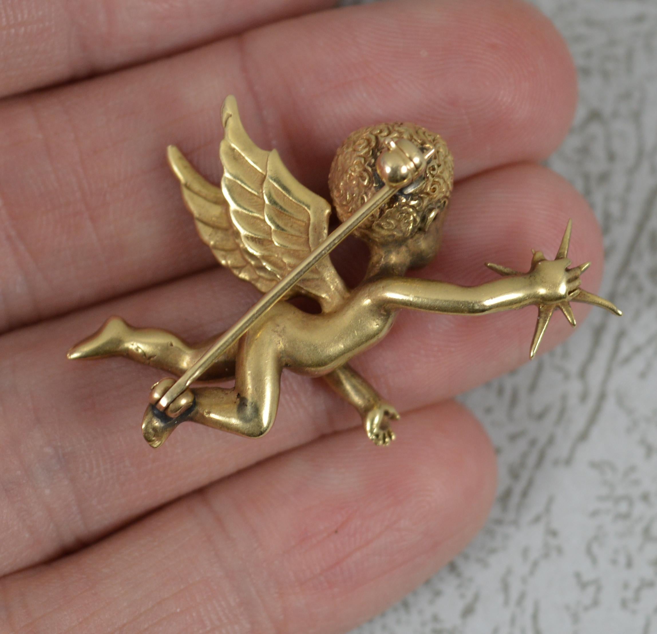 Women's Stunning Heavy and Solid 14 Carat Gold and Diamond Cherub Brooch 13.6g For Sale
