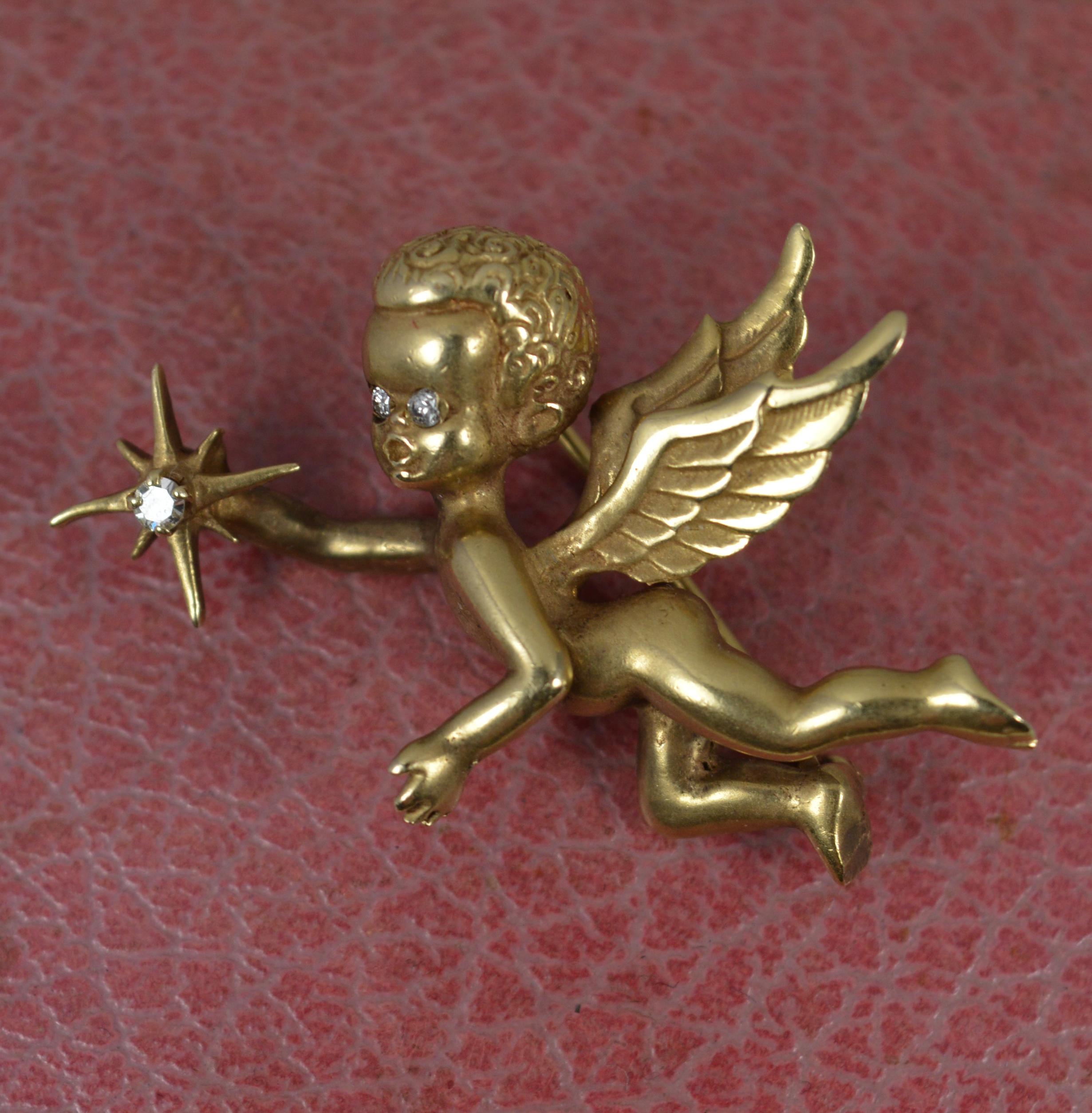 Atemberaubende schwere und massive Cherub-Brosche aus 14 Karat Gold und Diamant 13,6 g im Angebot 4