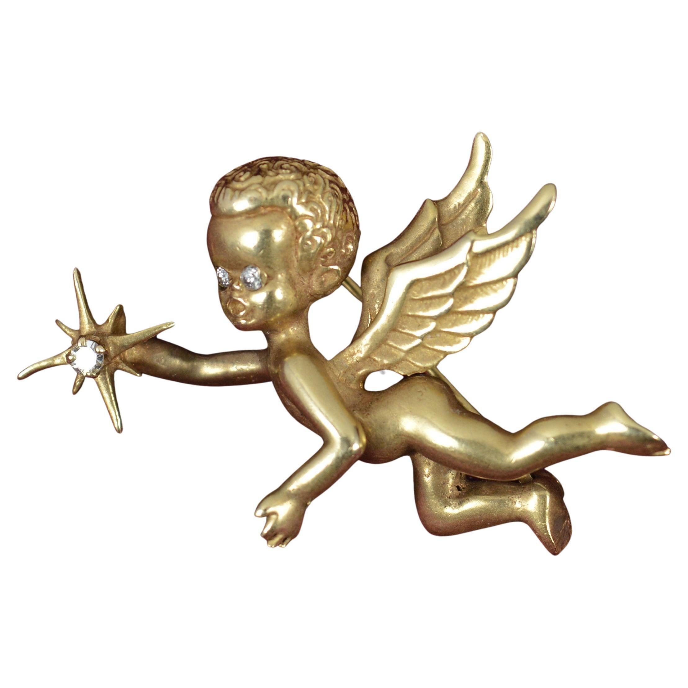 Stunning Heavy and Solid 14 Carat Gold and Diamond Cherub Brooch 13.6g For Sale