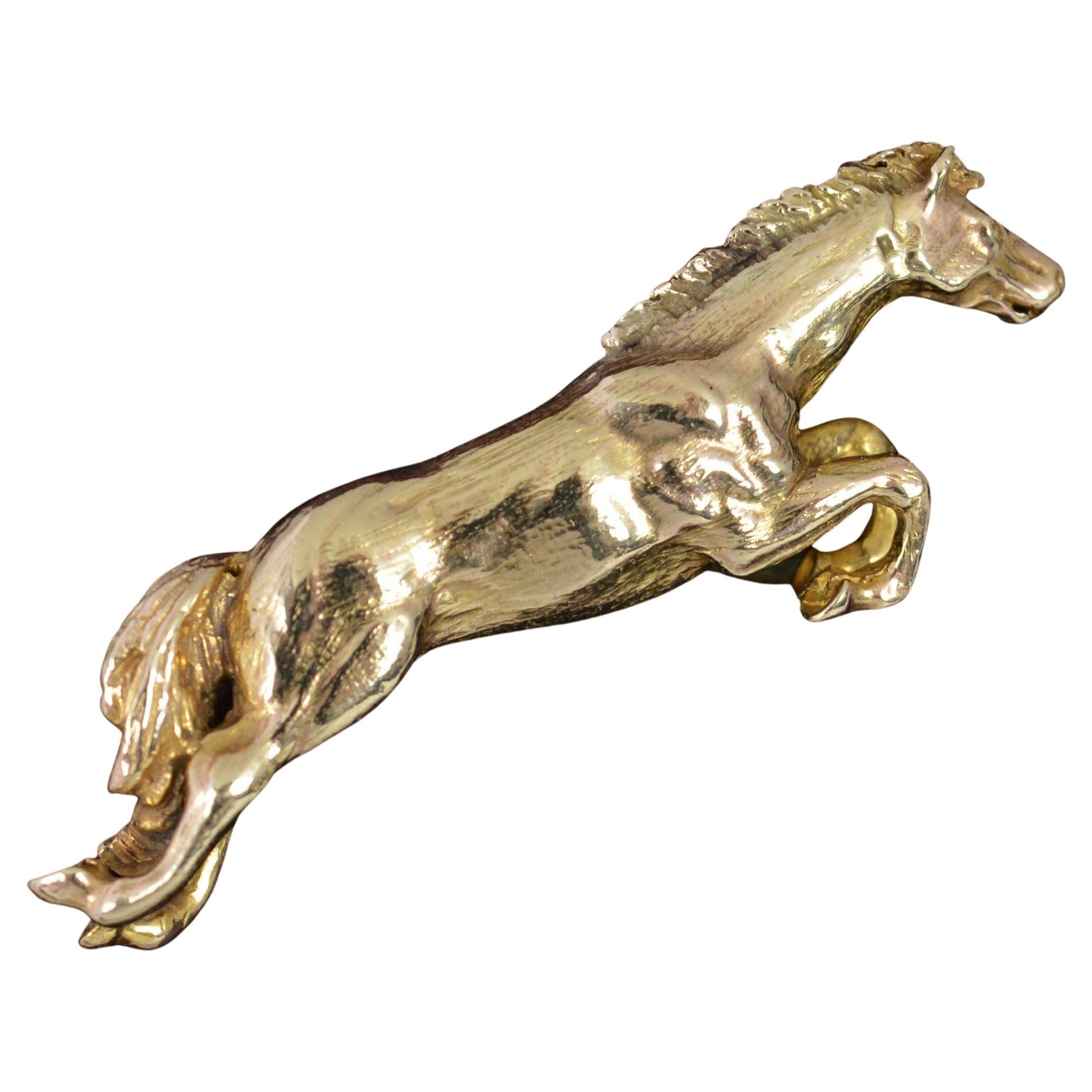 Stunning Heavy and Solid 9 Carat Gold Jumping Horse Brooch 15.5g For Sale