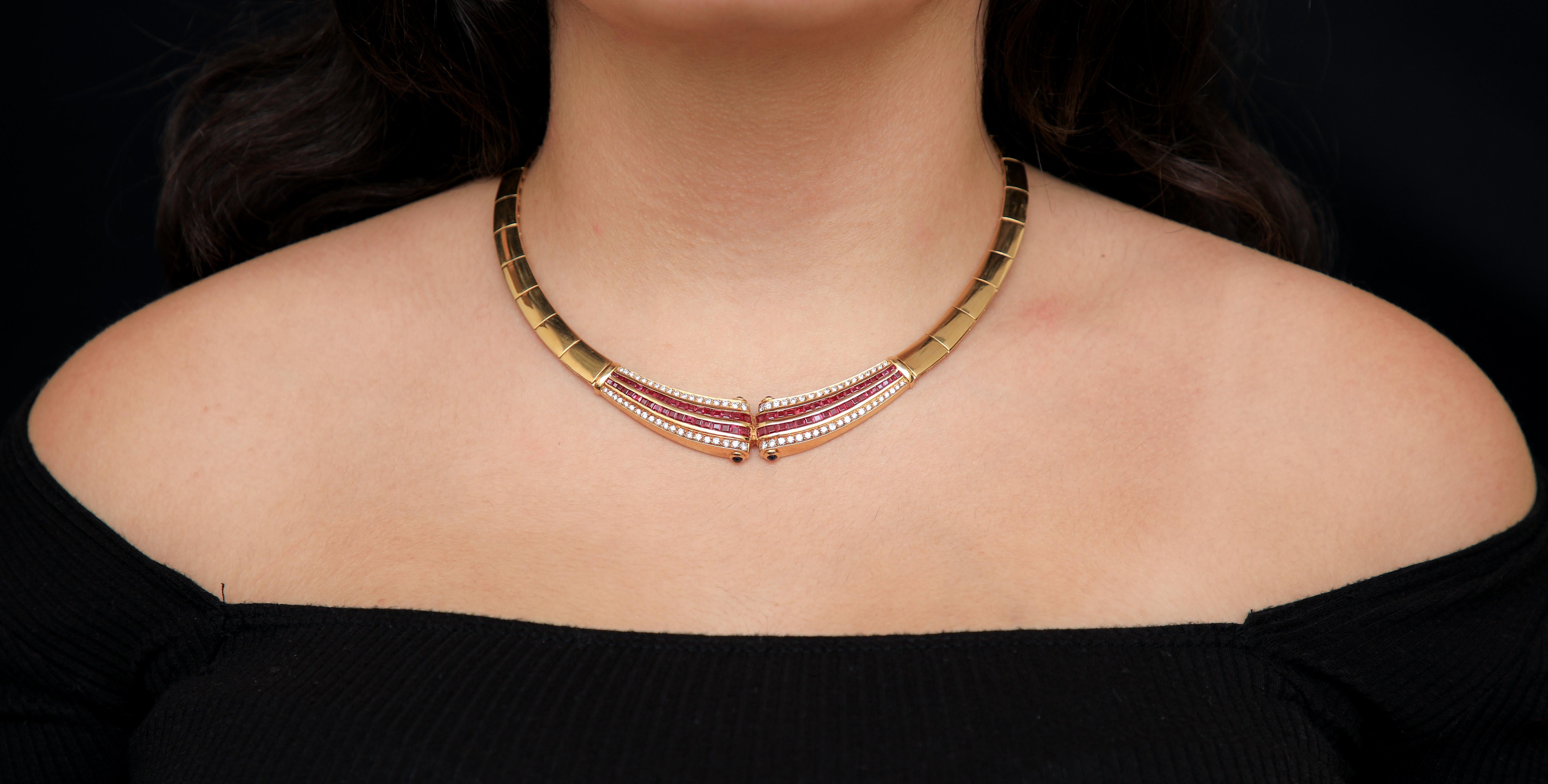 Stunning Omega 18k Ruby Channel Set Diamond Necklace.

Immaculate and very pristine 18k, solid polished necklace to complete the sophisticated and charming look. This beautiful color fills the room with life. The necklace has a solid weight of 70. 9