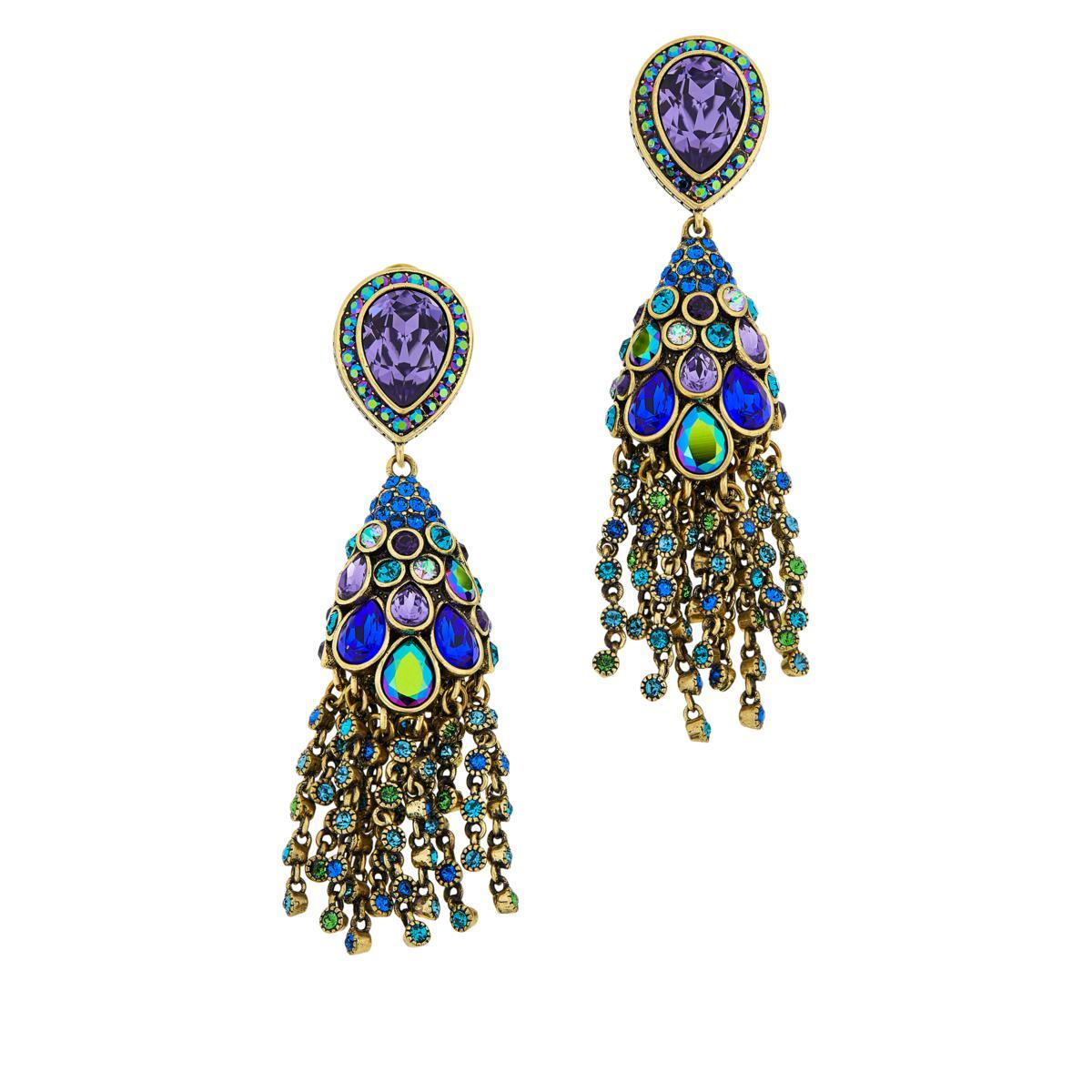 Utterly feminine and cheerfully colorful, beautiful pair of earring pierced with omega backs in a multitude of beautiful peacock colors to enhance any outfit with a showstopper look. A must for a one of a kind look.

Measures approx 3-3/4