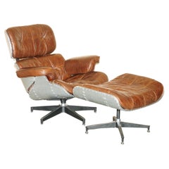 STUNNING HERiTAGE BROWN LEATHER HAND HAMMERED AVIATOR LOUNGER ARMCHAIR & OTTOMAN