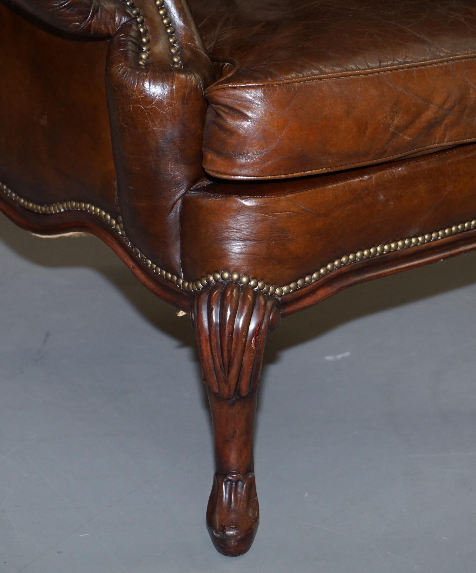 Stunning Heritage Vintage Aged Brown Leather Wingback Armchair Carved Legs 4