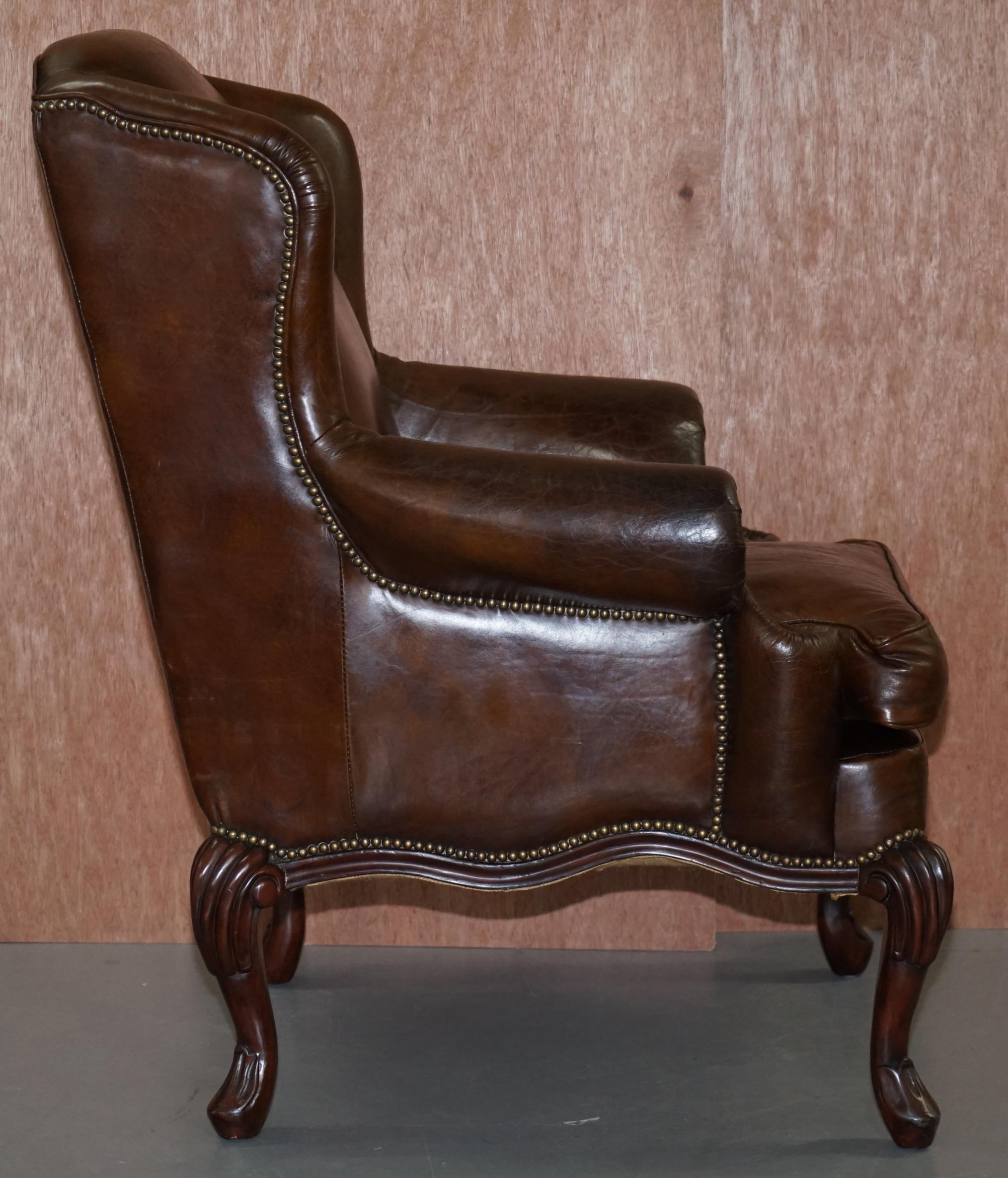 Stunning Heritage Vintage Aged Brown Leather Wingback Armchair Carved Legs 6