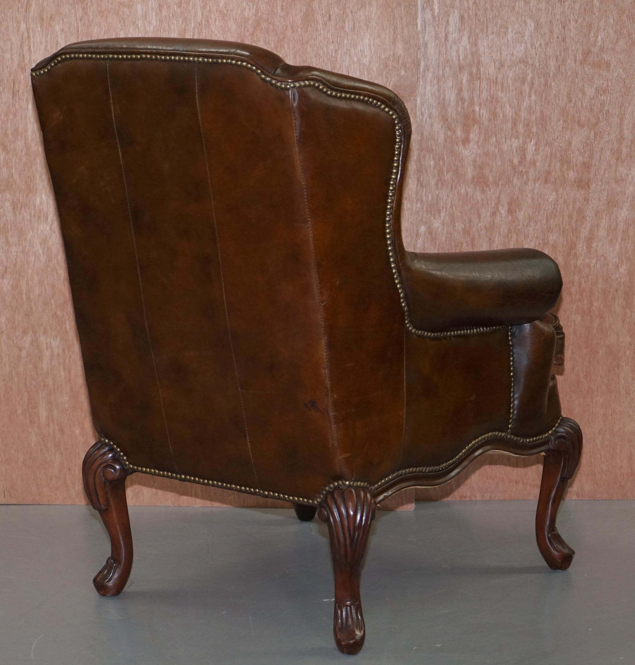 Stunning Heritage Vintage Aged Brown Leather Wingback Armchair Carved Legs 7