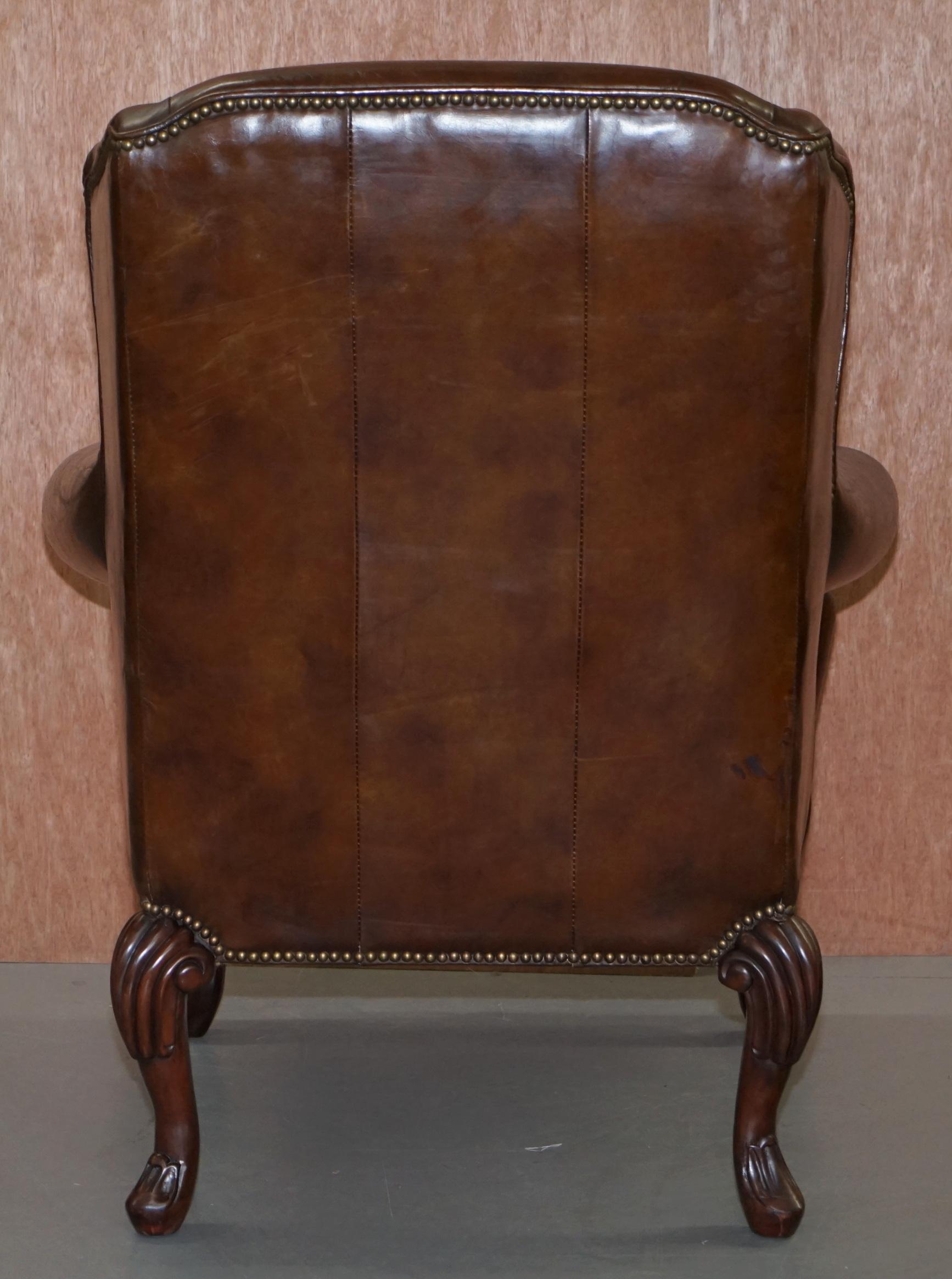 Stunning Heritage Vintage Aged Brown Leather Wingback Armchair Carved Legs 8