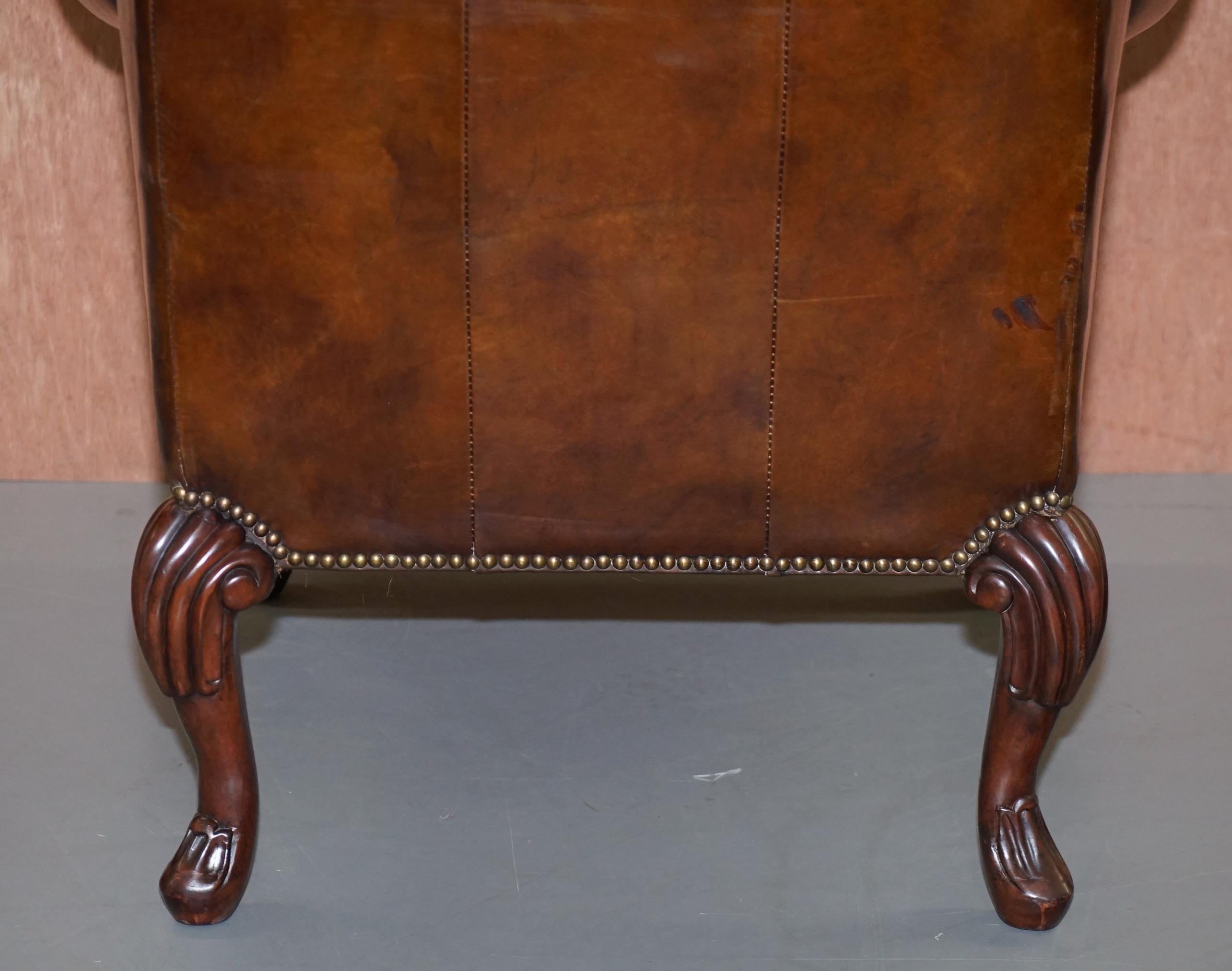 Stunning Heritage Vintage Aged Brown Leather Wingback Armchair Carved Legs 9