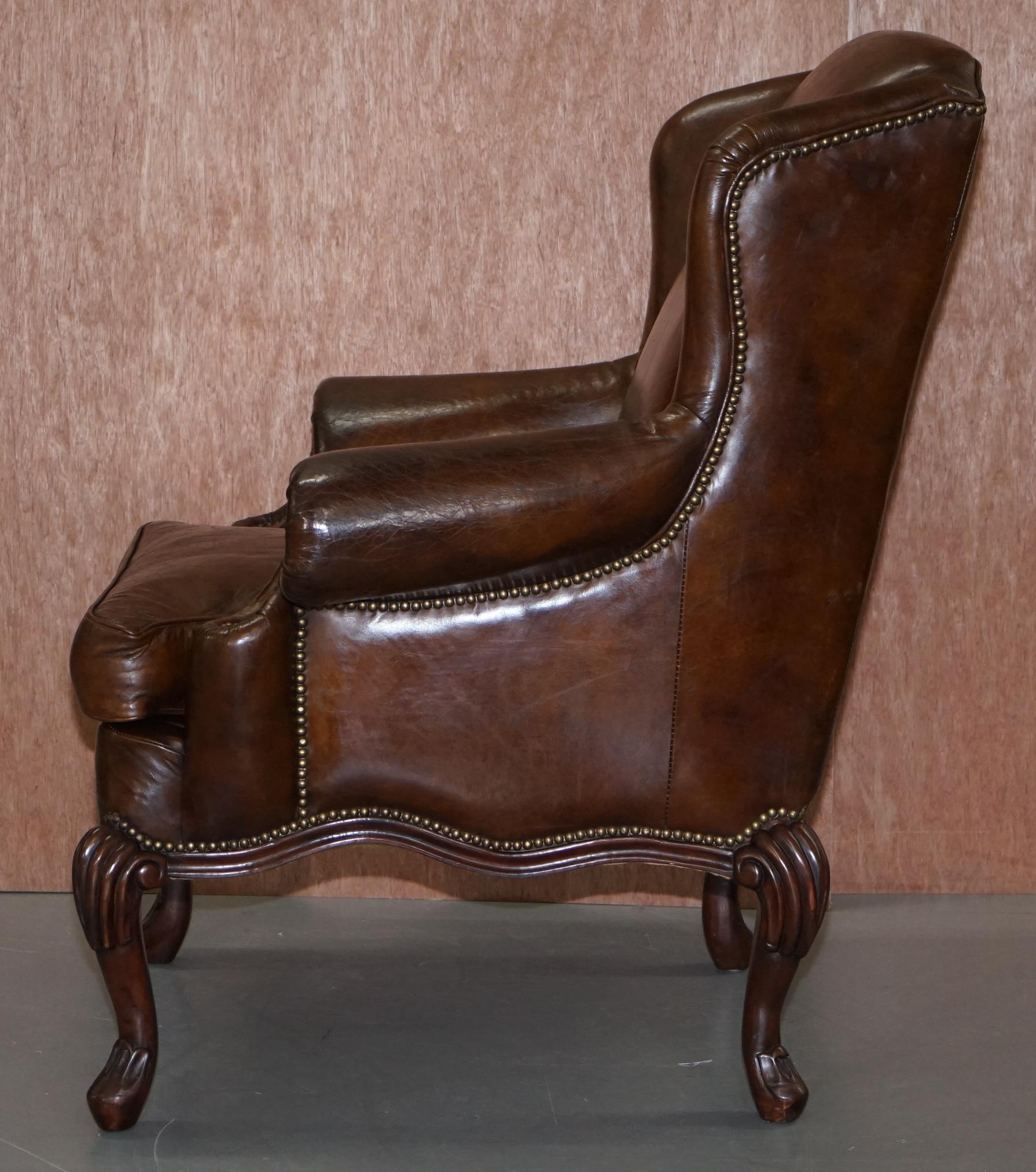 Stunning Heritage Vintage Aged Brown Leather Wingback Armchair Carved Legs 10