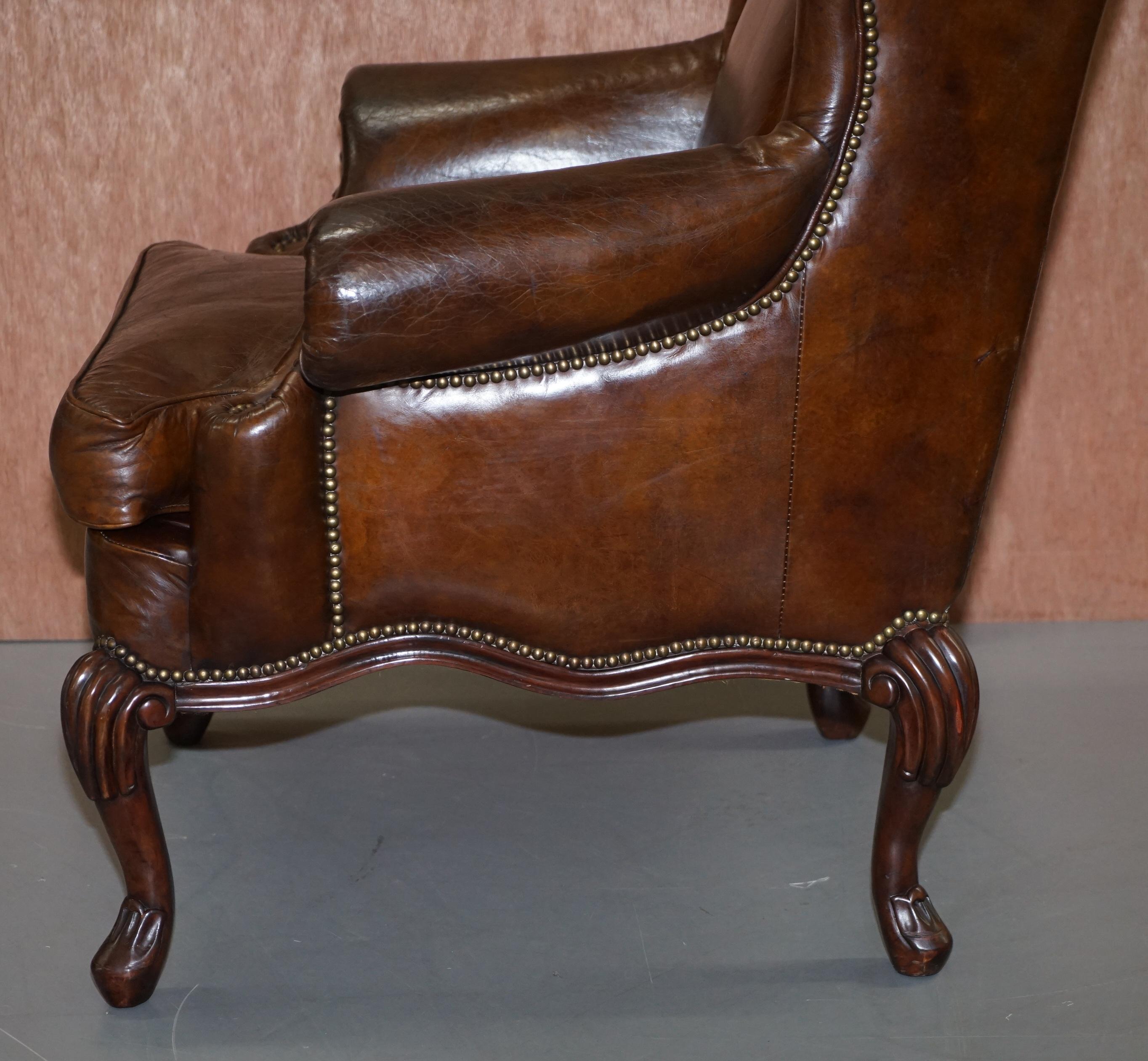 Stunning Heritage Vintage Aged Brown Leather Wingback Armchair Carved Legs 11