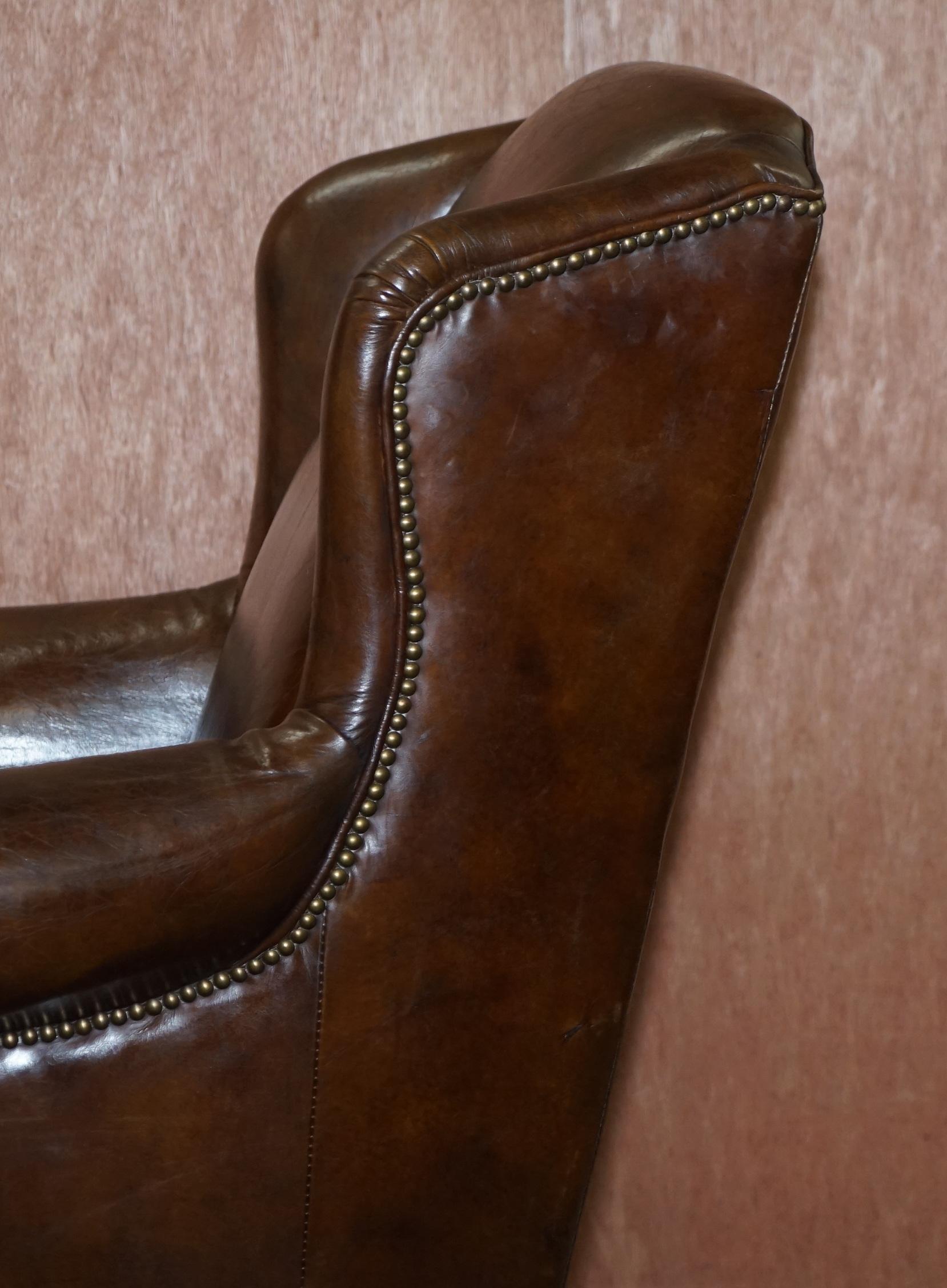 Stunning Heritage Vintage Aged Brown Leather Wingback Armchair Carved Legs 12