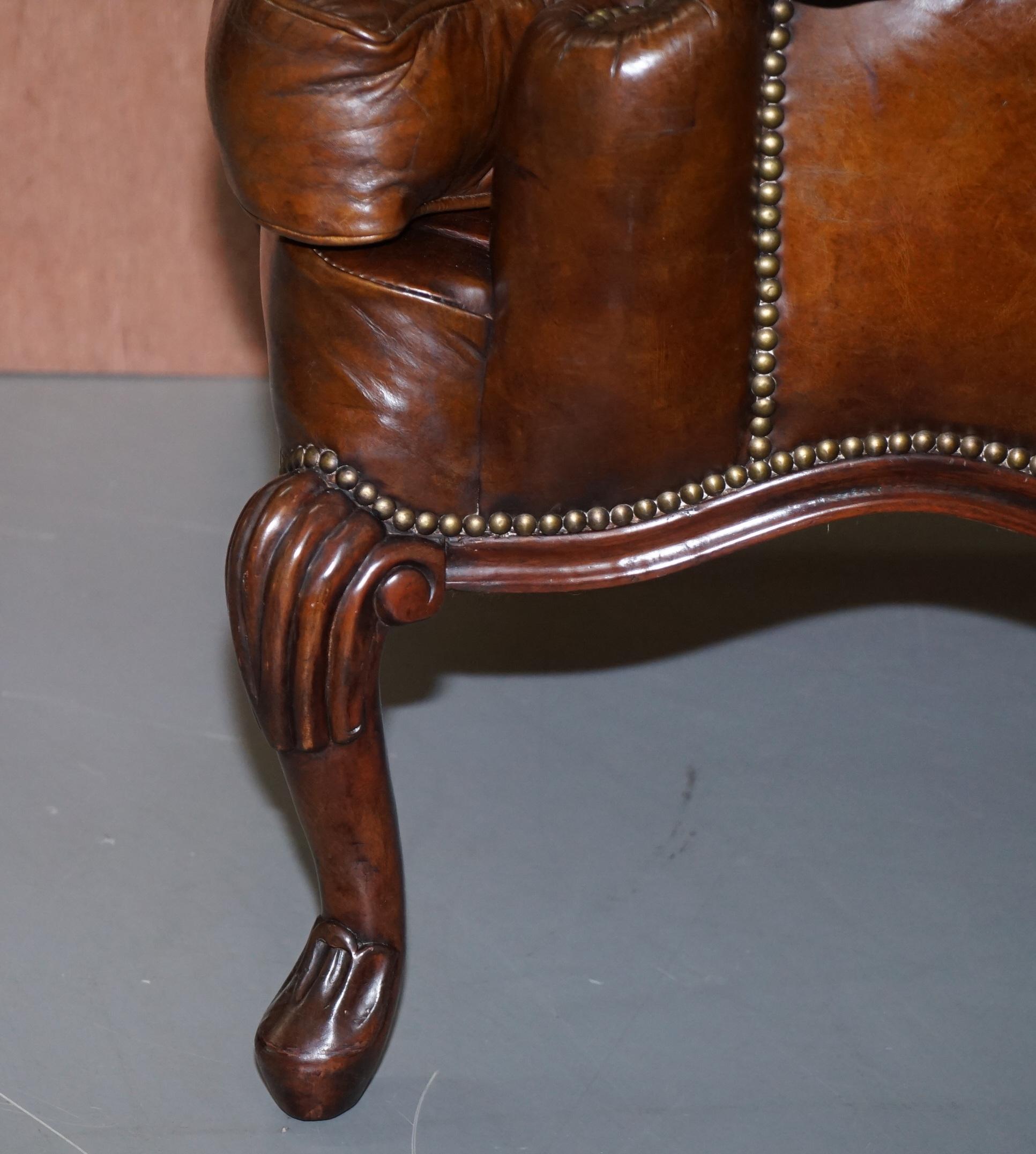 Stunning Heritage Vintage Aged Brown Leather Wingback Armchair Carved Legs 13