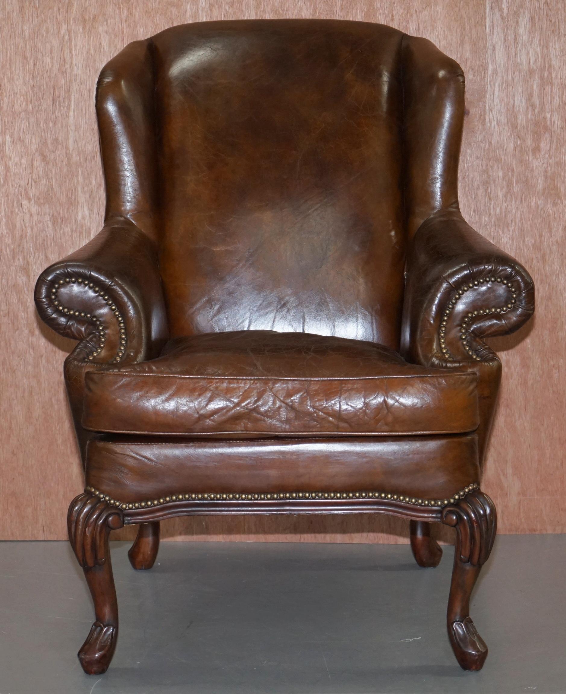 We are delighted to offer for sale this lovely heritage brown distressed leather wingback armchair

A very decorative comfortable and good looking chair, the leather is heritage leather so its designed to look 100 years old from new. The timber is