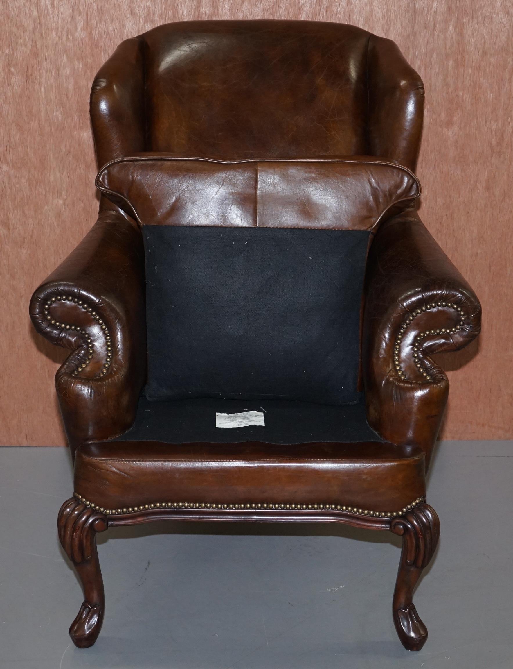 Stunning Heritage Vintage Aged Brown Leather Wingback Armchair Carved Legs 14