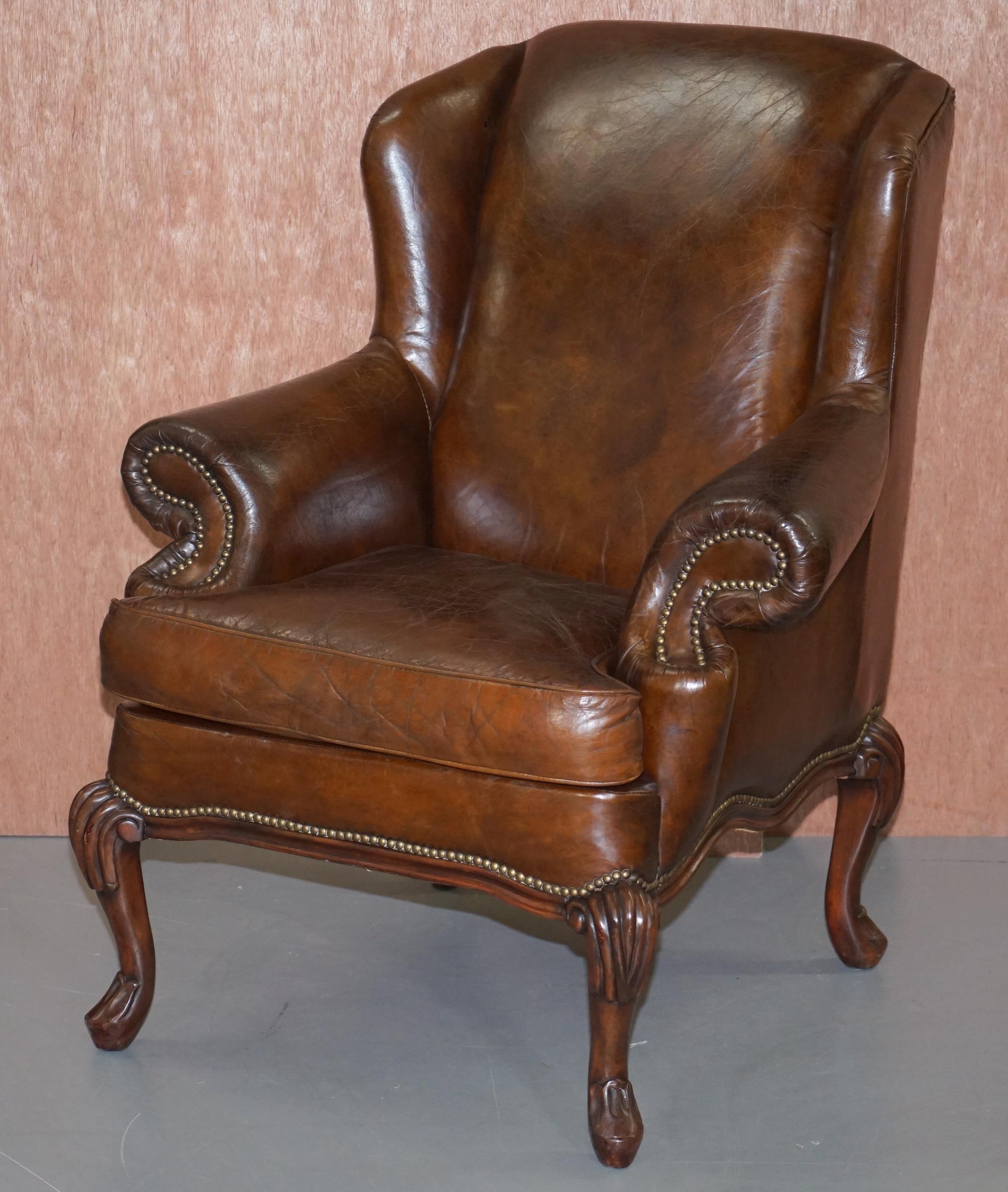 Victorian Stunning Heritage Vintage Aged Brown Leather Wingback Armchair Carved Legs