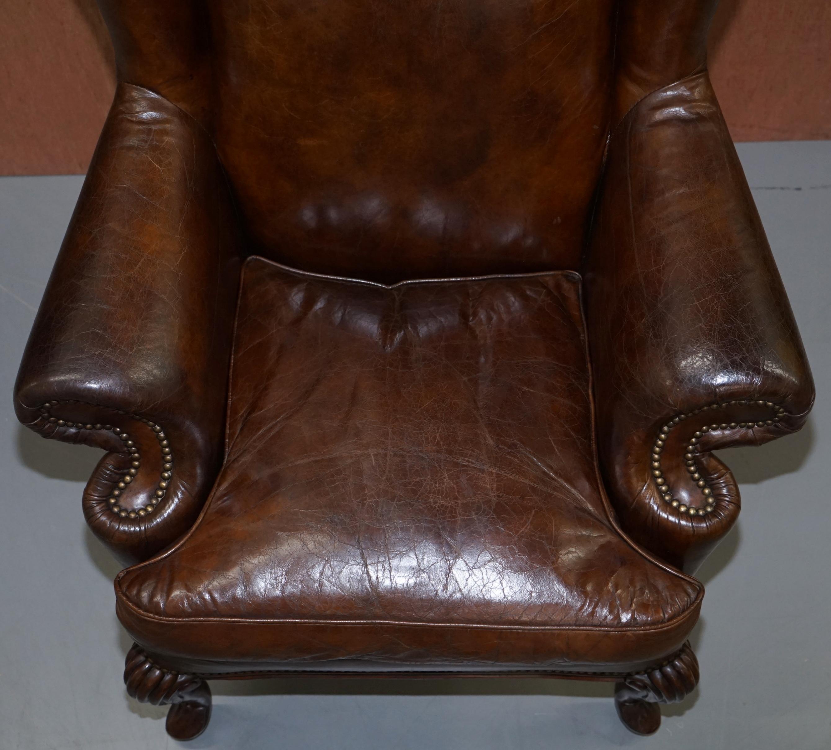English Stunning Heritage Vintage Aged Brown Leather Wingback Armchair Carved Legs