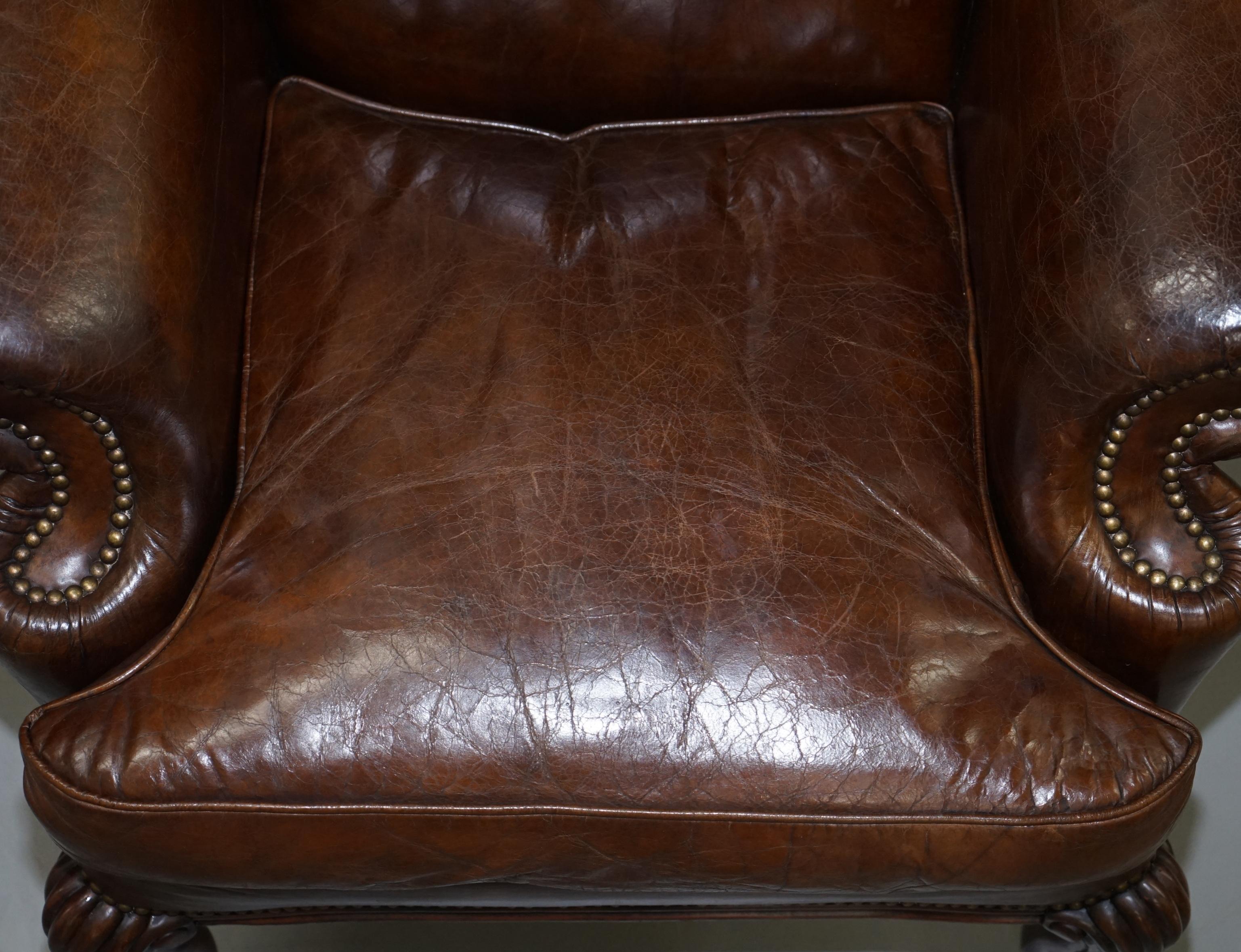 Hand-Crafted Stunning Heritage Vintage Aged Brown Leather Wingback Armchair Carved Legs