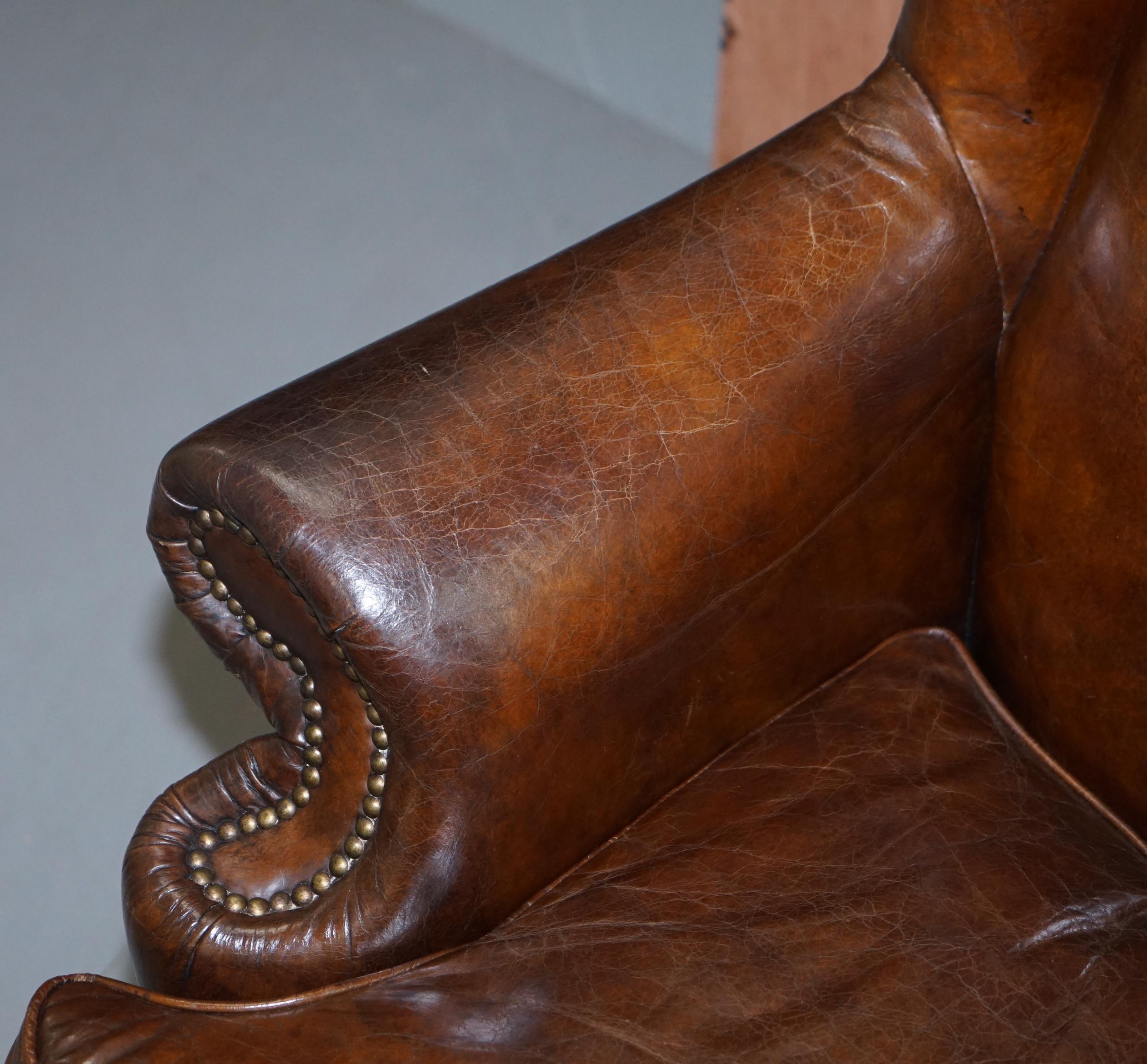 20th Century Stunning Heritage Vintage Aged Brown Leather Wingback Armchair Carved Legs