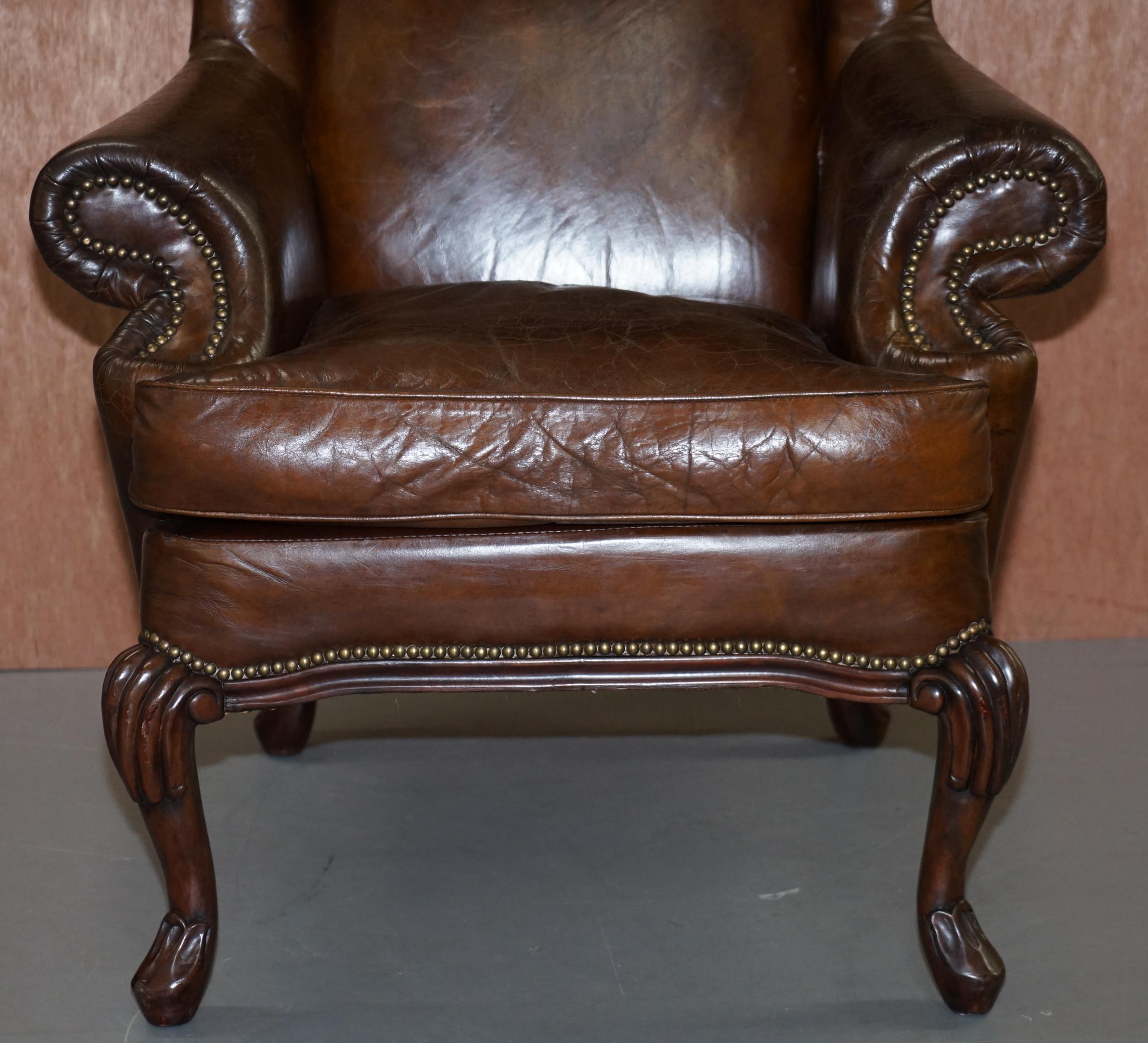 Stunning Heritage Vintage Aged Brown Leather Wingback Armchair Carved Legs 3