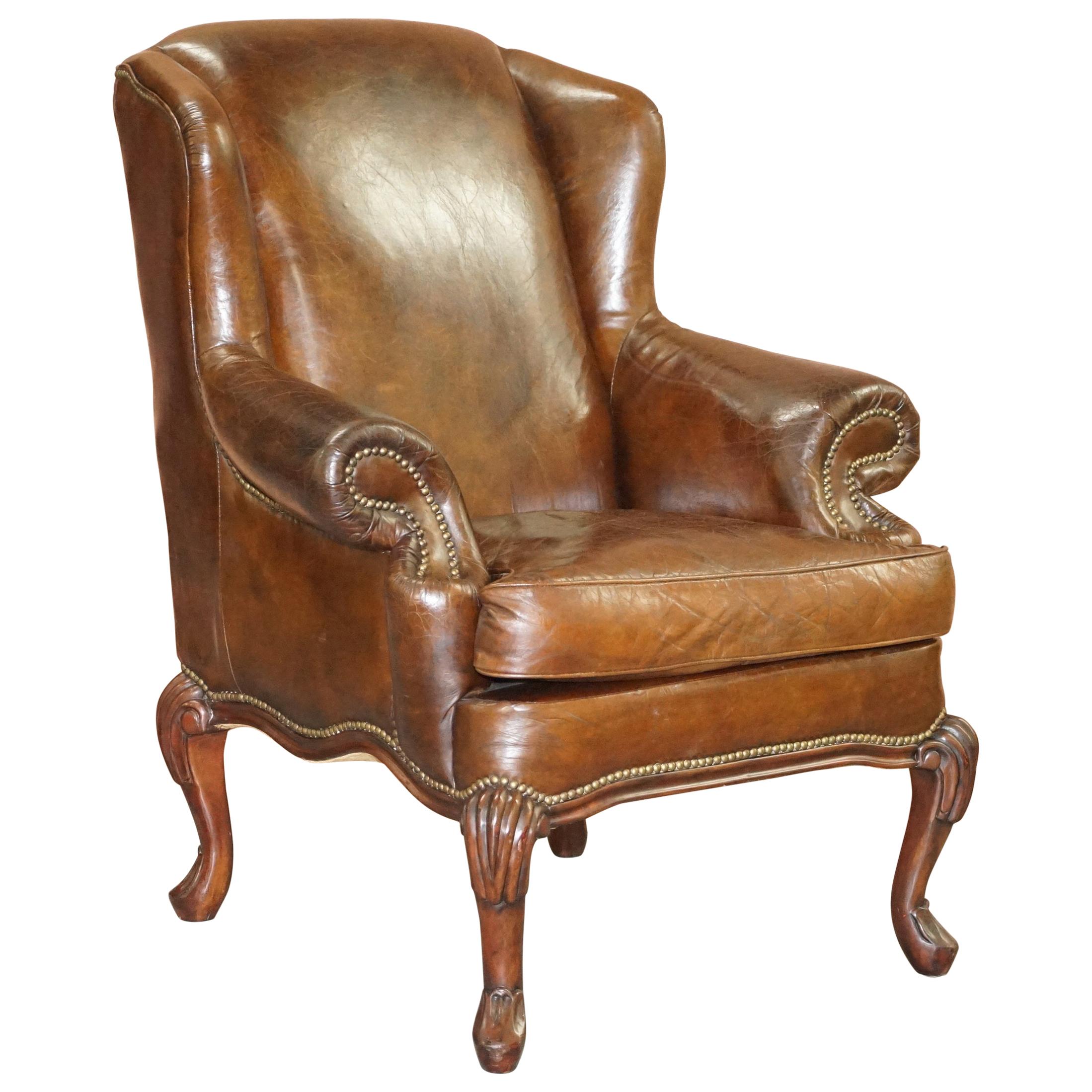 Stunning Heritage Vintage Aged Brown Leather Wingback Armchair Carved Legs