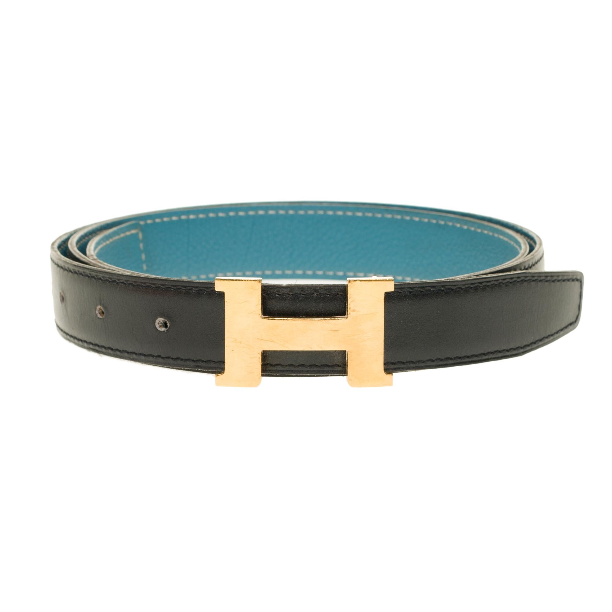 Hermès Reverse women’s belt in black and blue denim leather.
H buckle in gold-plated metal.
Signature: 