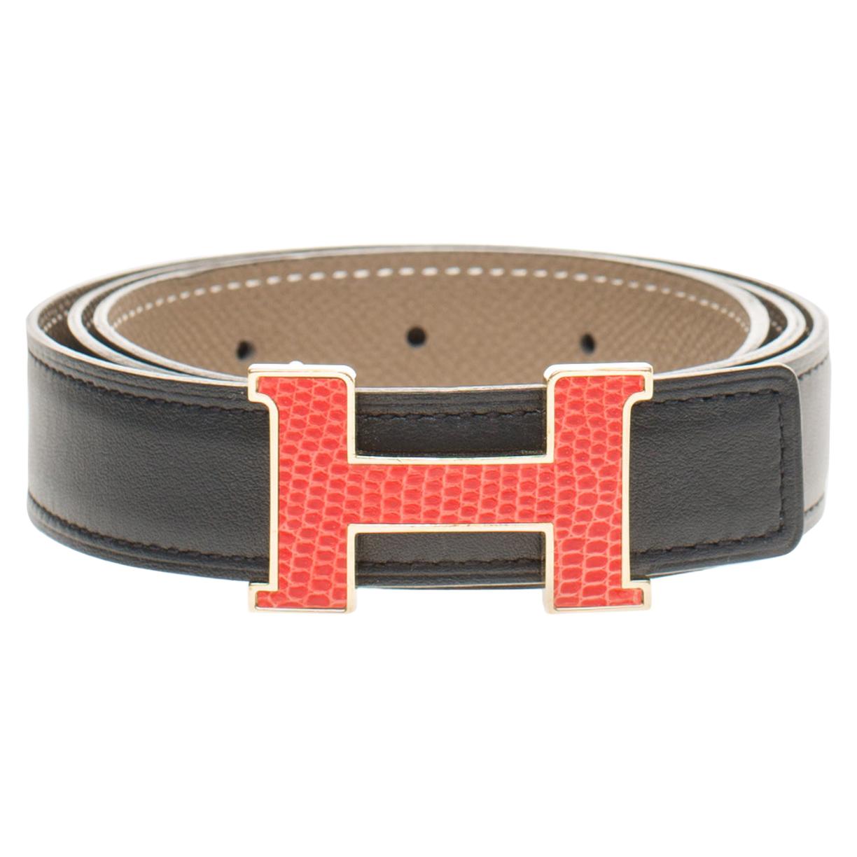 Stunning Hermès belt in black swift and etoupe epsom, buckle in red lizard